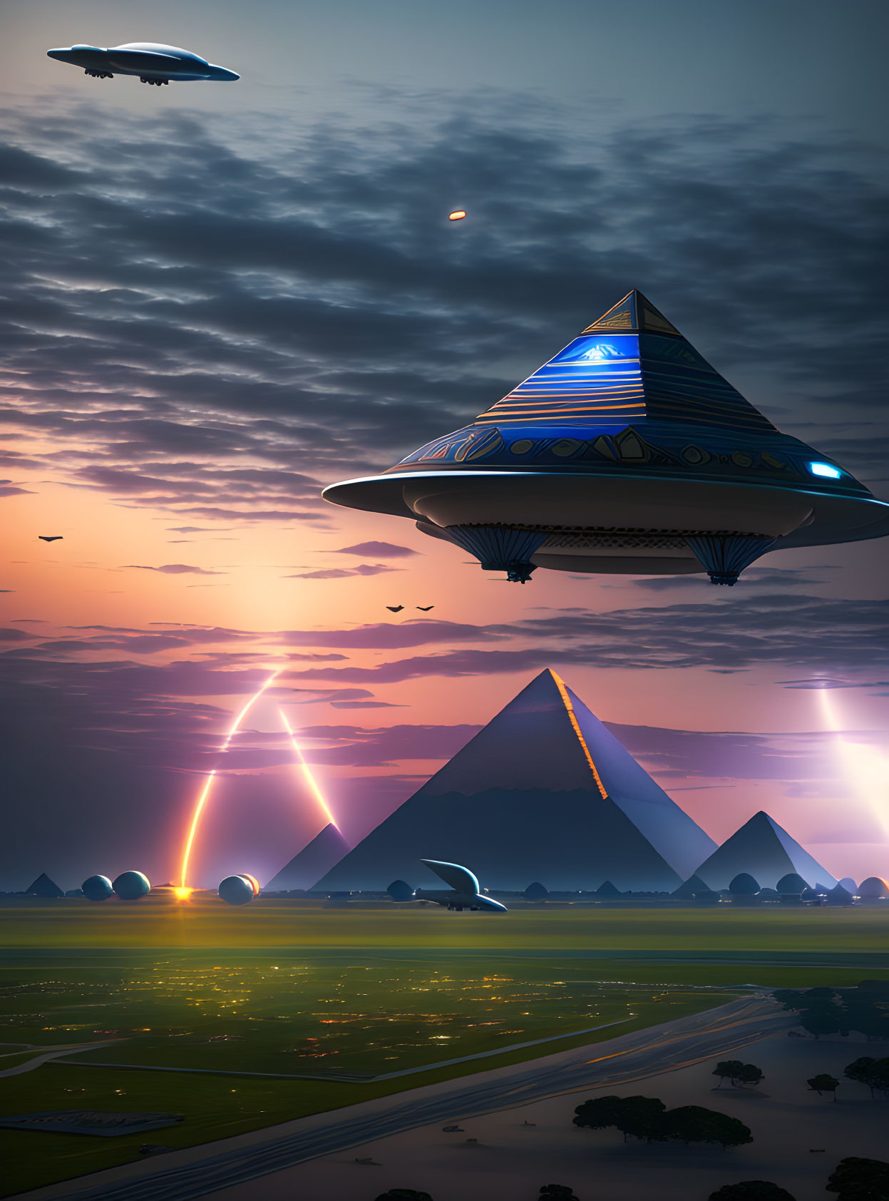 Futuristic landscape with pyramids, UFO, and light beams at twilight