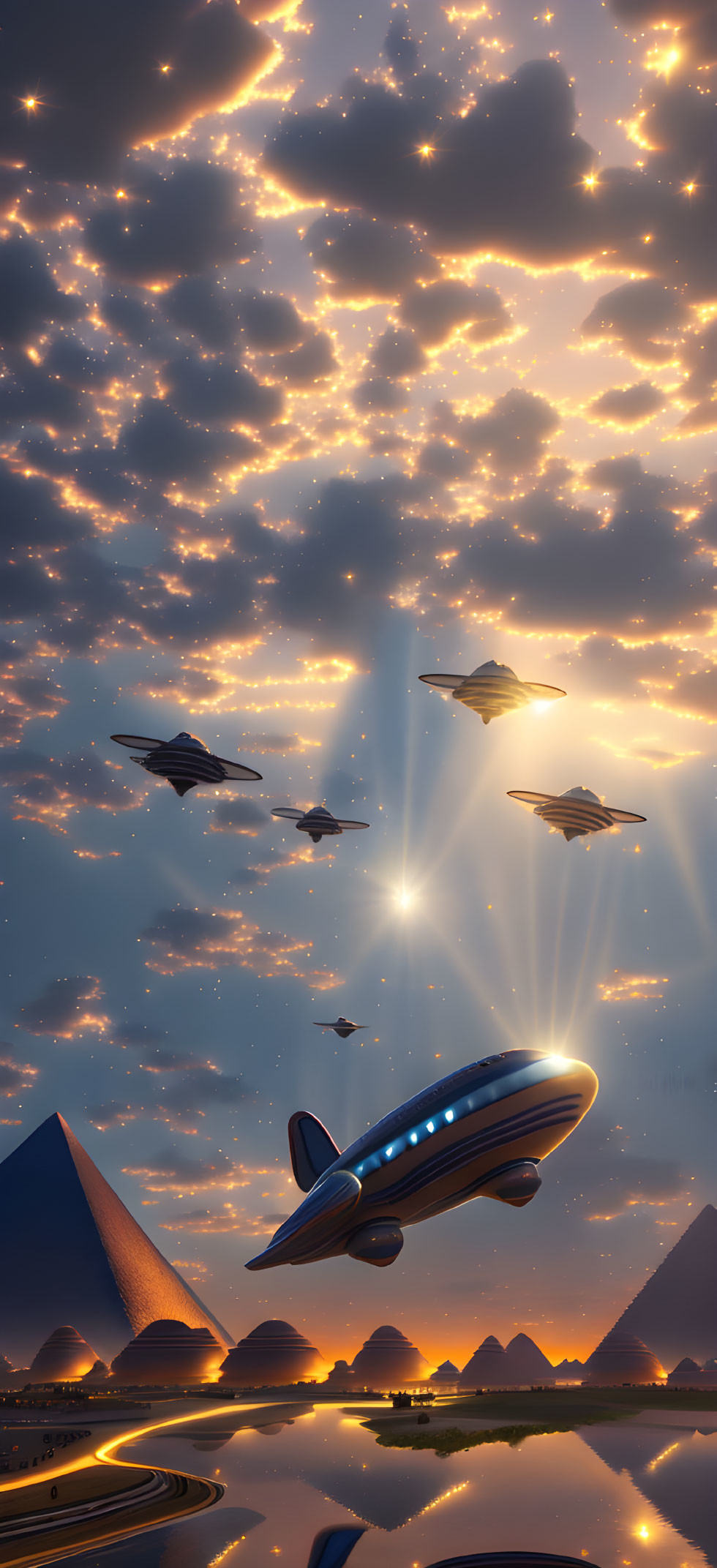 Futuristic aircrafts over serene landscape with Great Pyramids at dusk