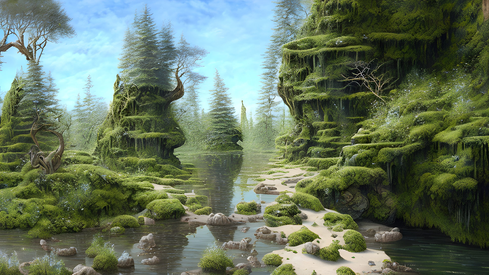 Tranquil forest scene with moss-covered trees and serene river