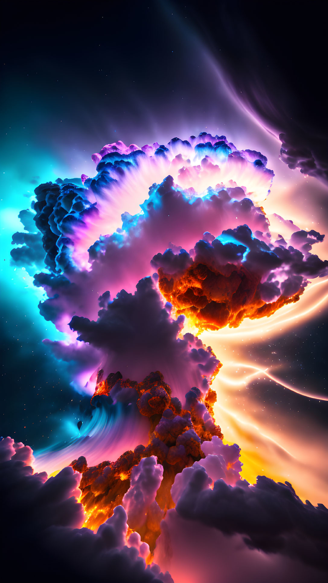 Colorful digital artwork: Explosive cloud formation in purple, blue, and orange hues on starry