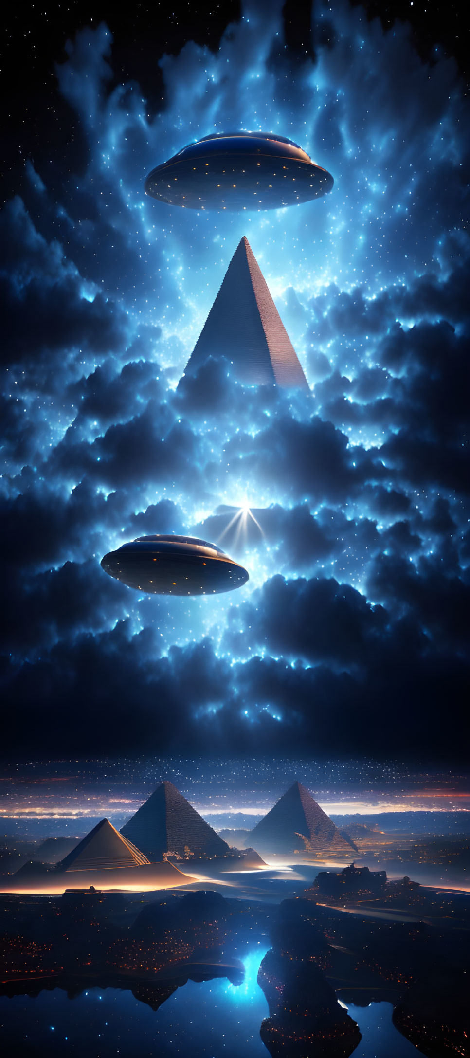 Sci-fi scene: UFOs over illuminated pyramids at night