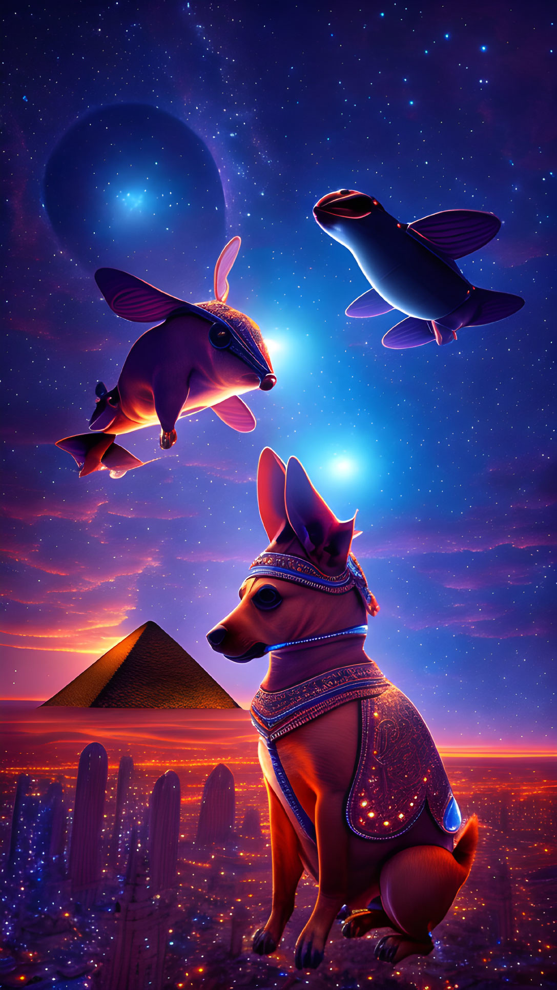 Adorned dog gazes at flying fish-like spaceships under starry sky