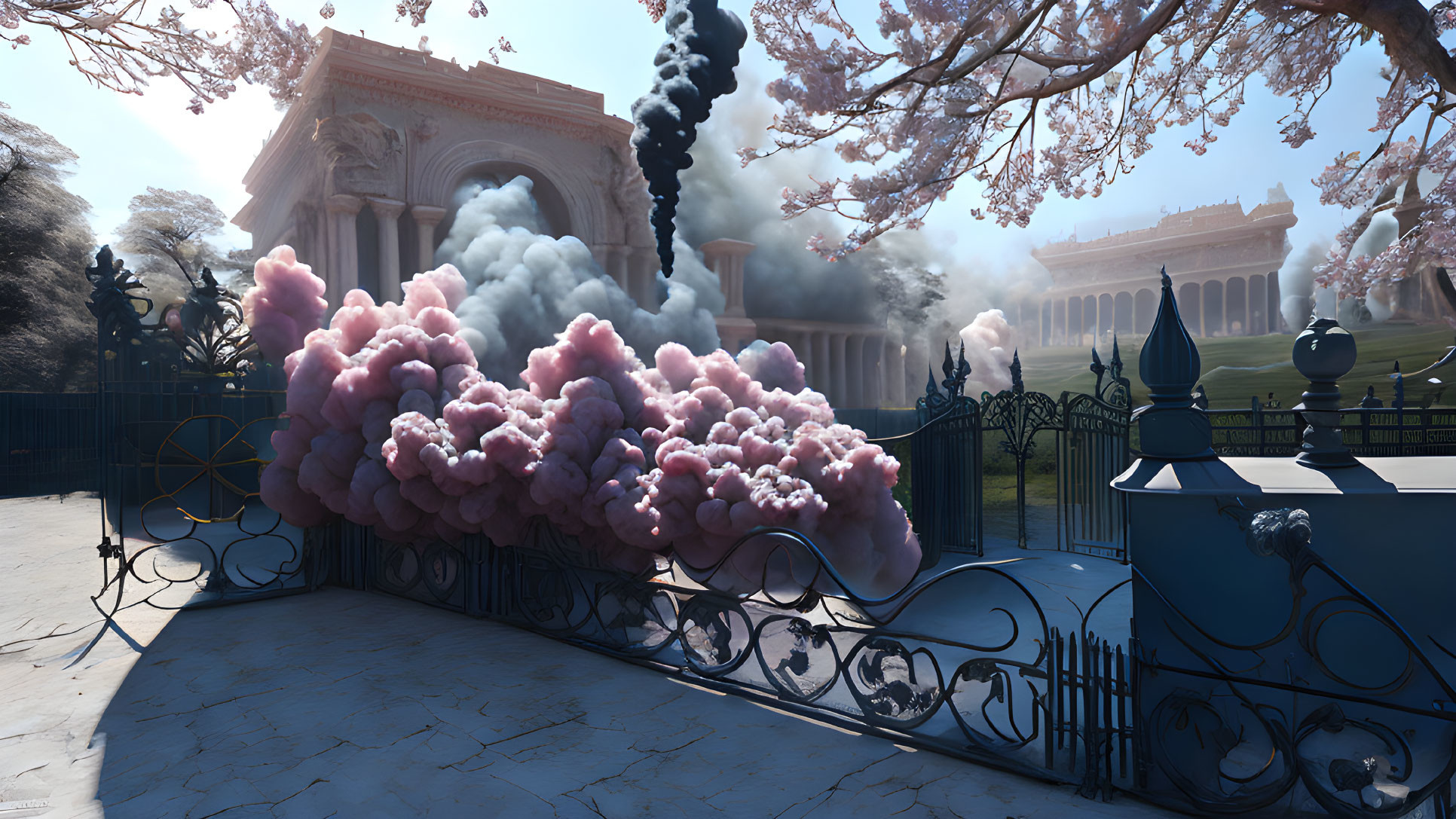 Black ornate gate, smoke, classic architecture, cherry blossoms, clear sky - detailed scene description