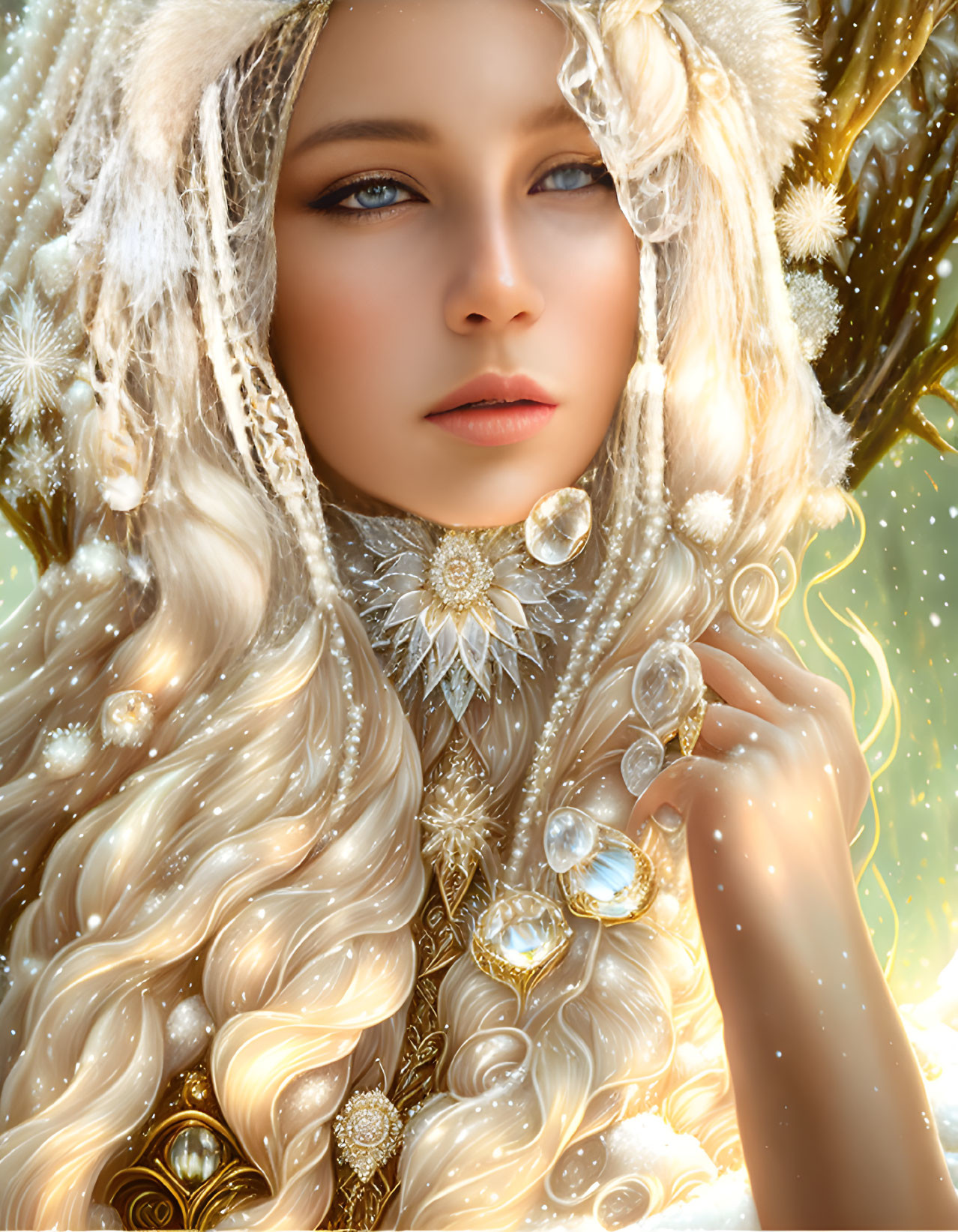 Golden-haired woman in fur hat with jewelry in magical setting