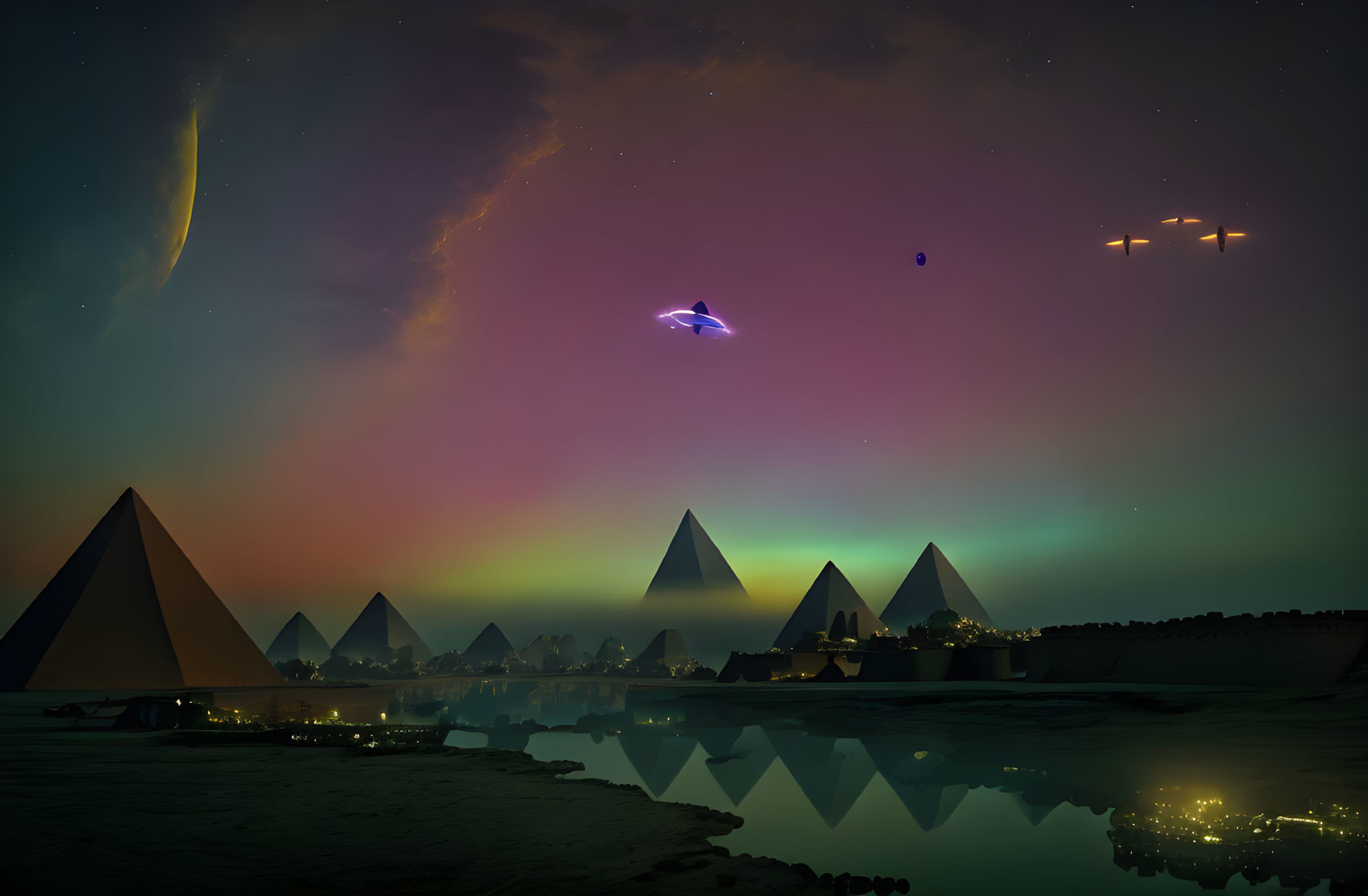 Pyramids by reflective water under vivid night sky with northern lights, comet, and futuristic aircrafts