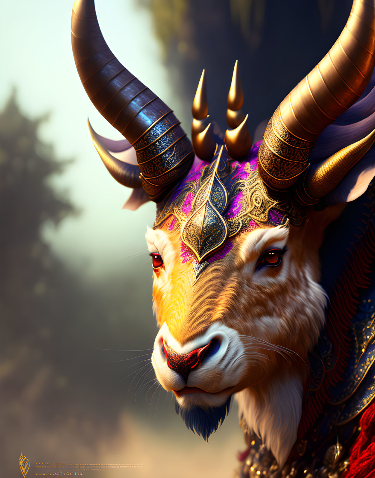 Majestic fantasy creature with goat head in golden armor on misty backdrop