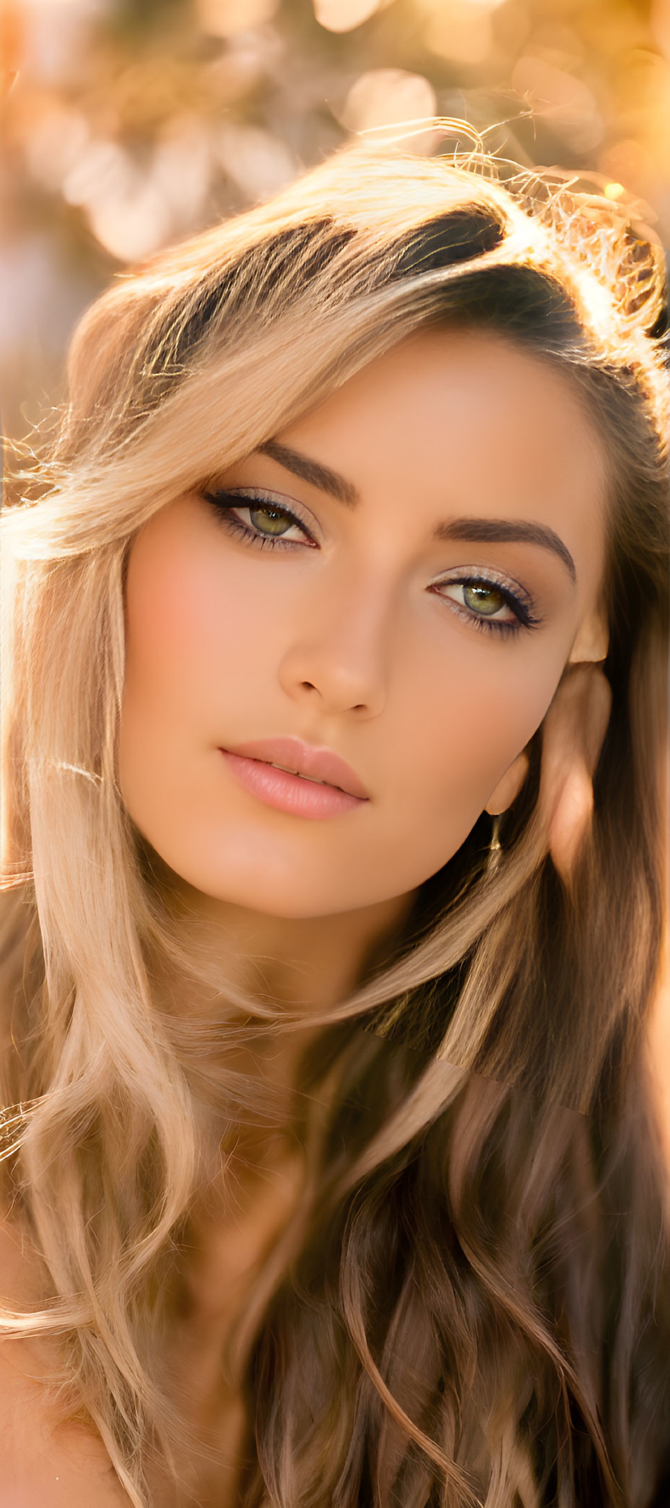 Portrait of woman with green eyes and long wavy hair in warm sun glow