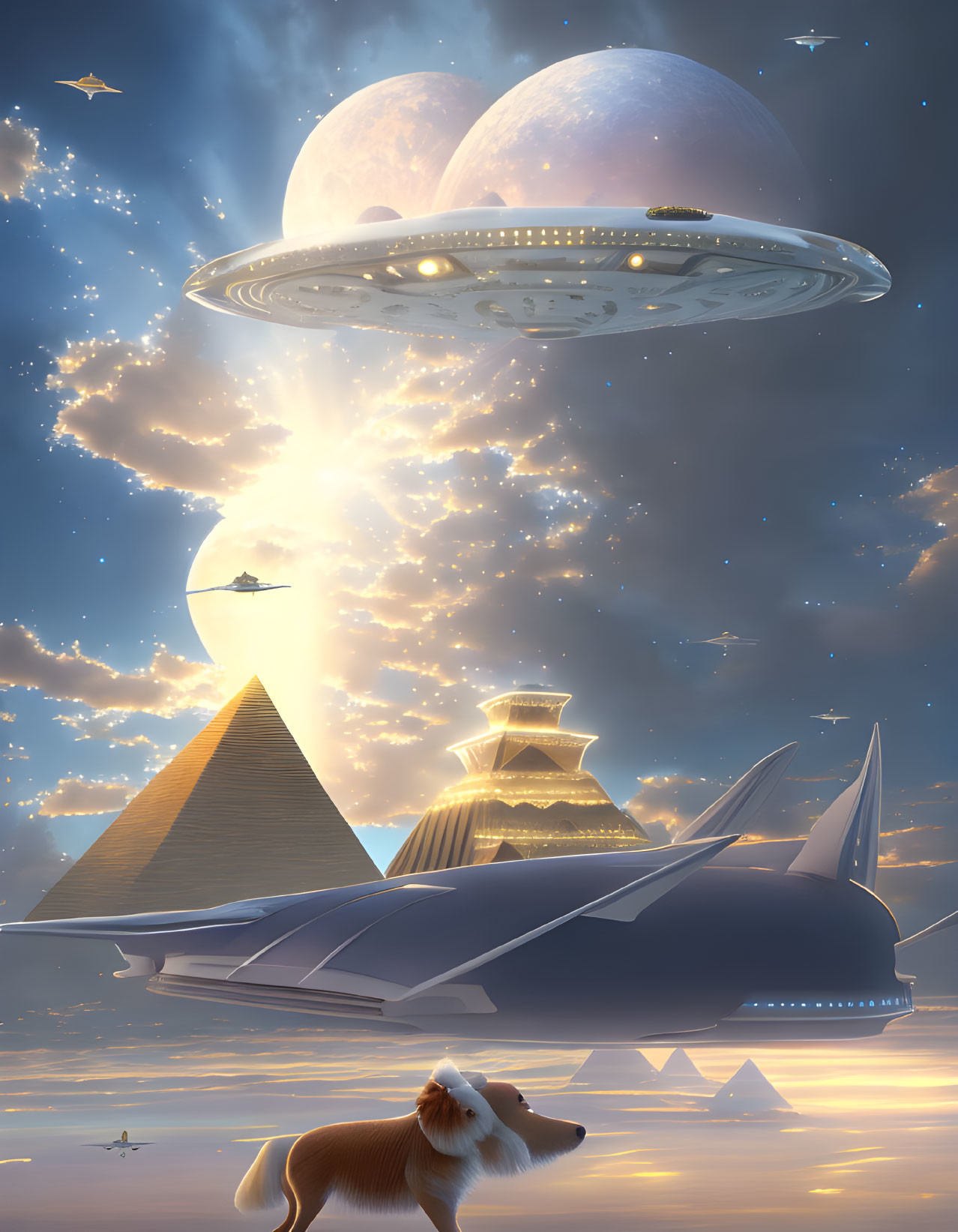 Futuristic cityscape with pyramids, spaceship, and flying crafts.