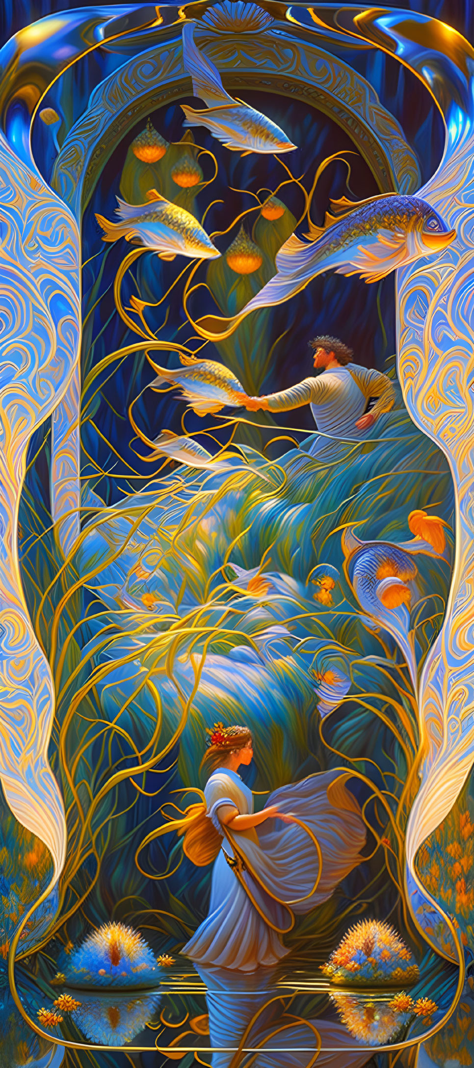 Woman in flowing dress surrounded by golden fish and vibrant plants