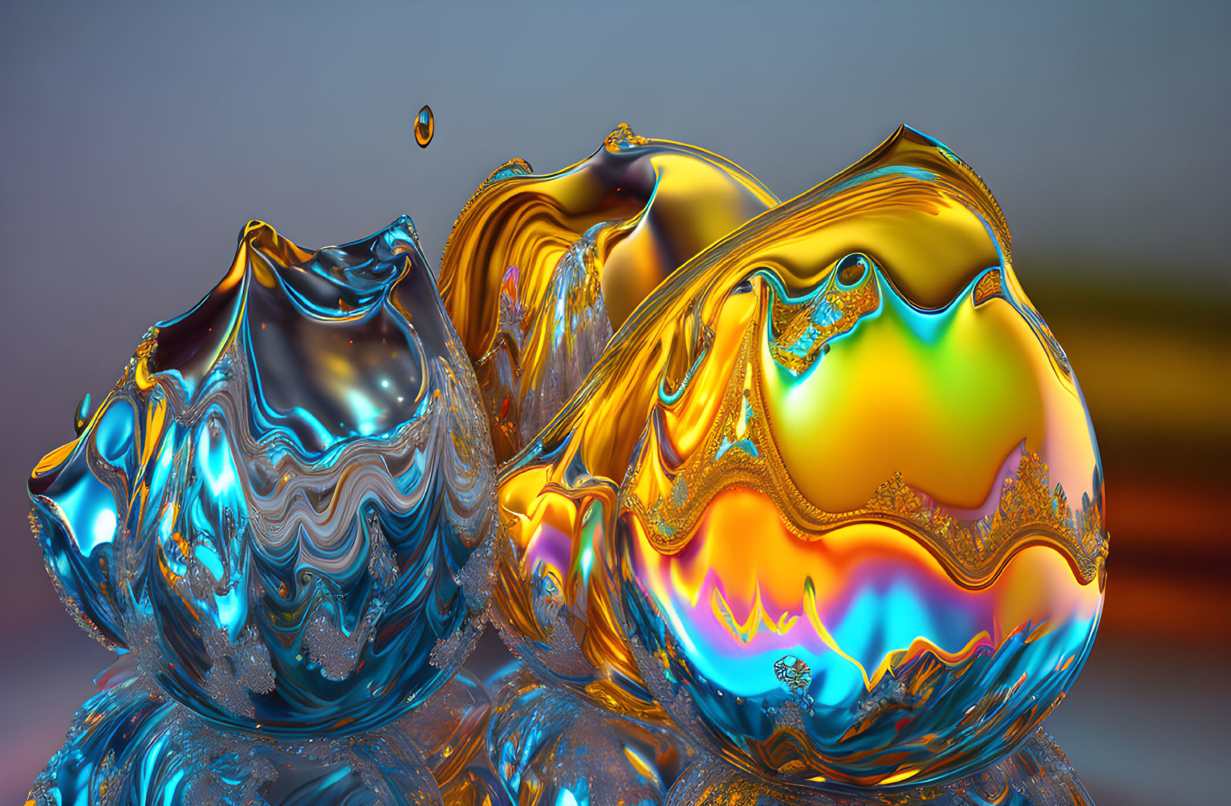 Iridescent 3D Artwork: Liquid Metal Shapes in Blue, Yellow, and Orange