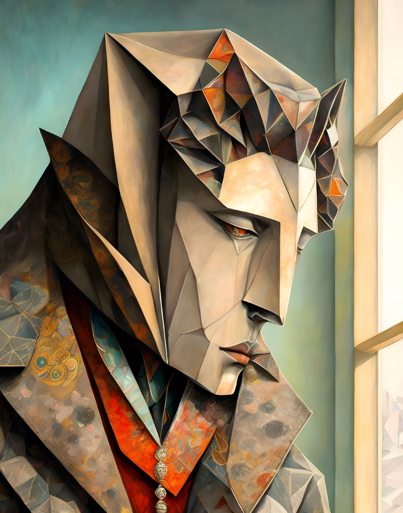 Geometric lion-like figure in regal attire against abstract backdrop