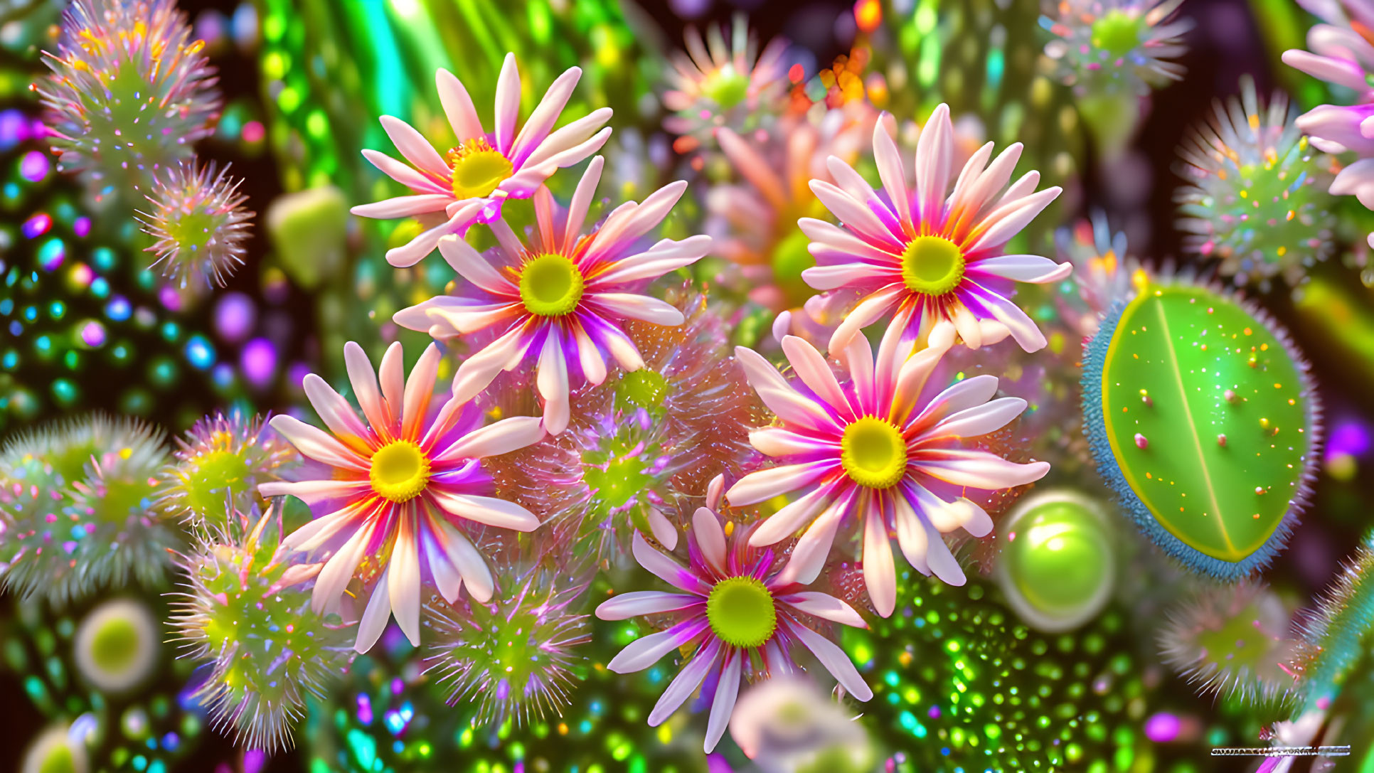 Colorful digital art featuring luminescent flowers, orbs, and spikes.