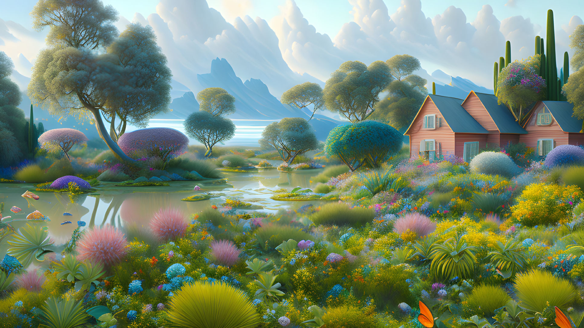 Colorful Fantasy Landscape with Vibrant Vegetation, Serene Lake, and Quaint House