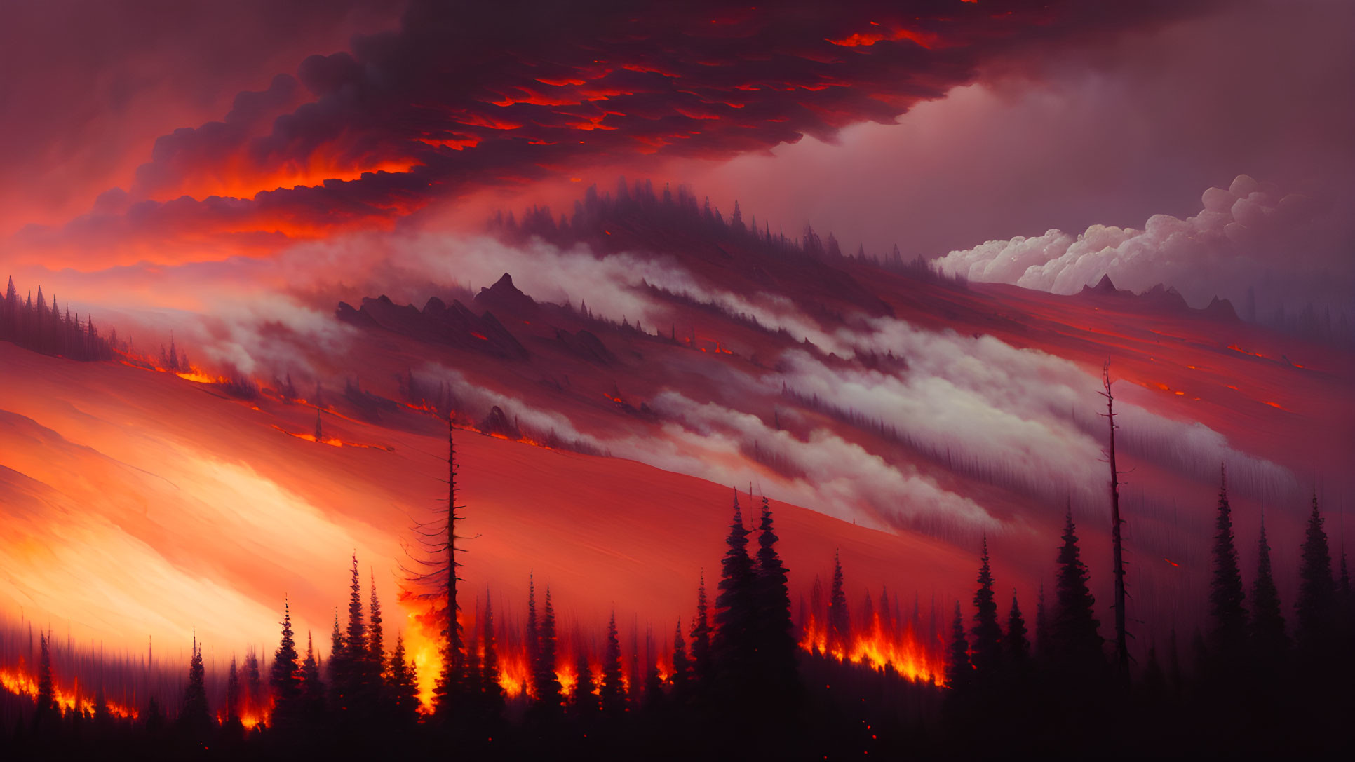 Dramatic fiery landscape with silhouetted trees and red-orange clouds