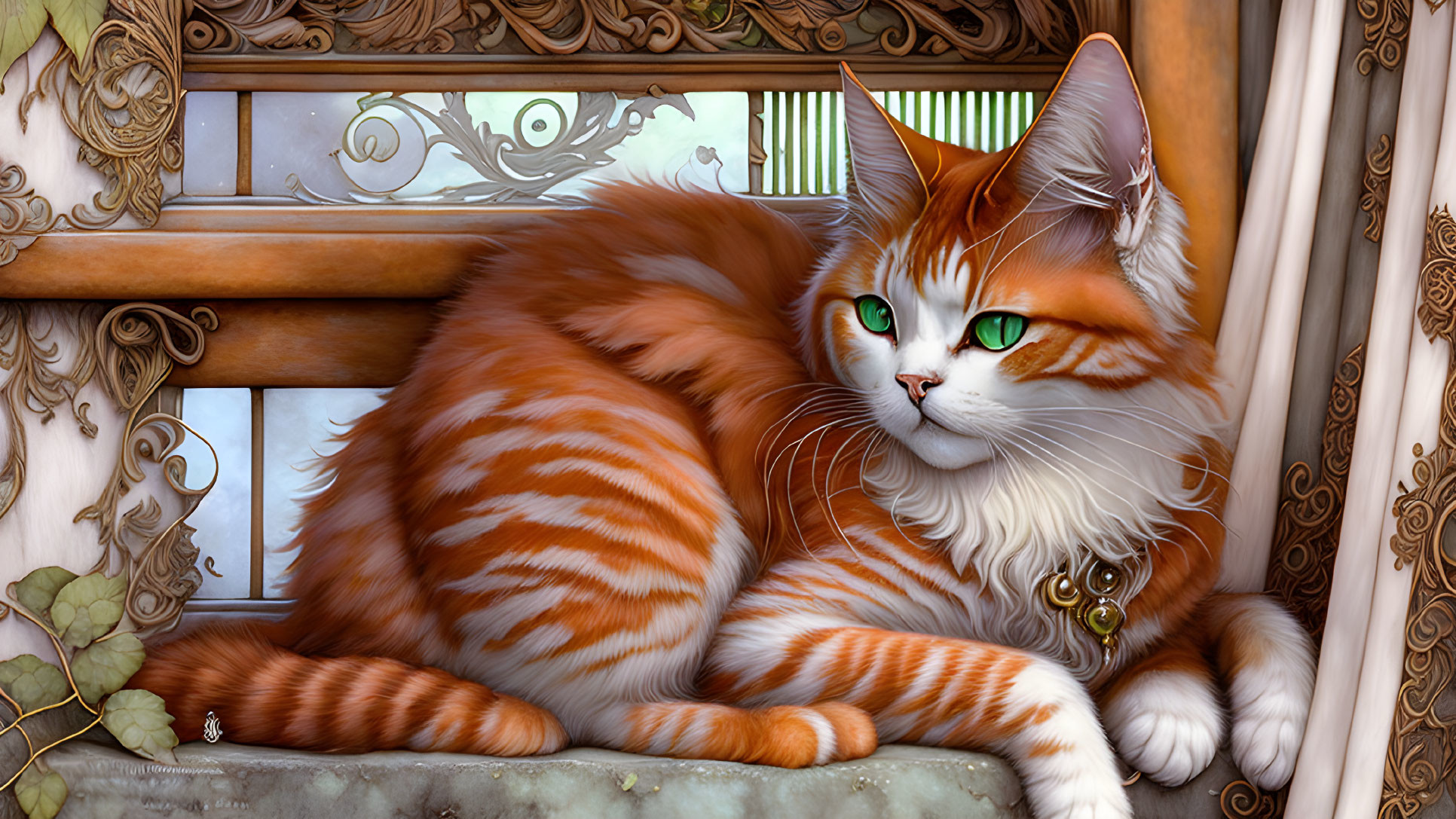 Illustrated orange and white striped cat by ornate window with intricate woodwork and leafy vine