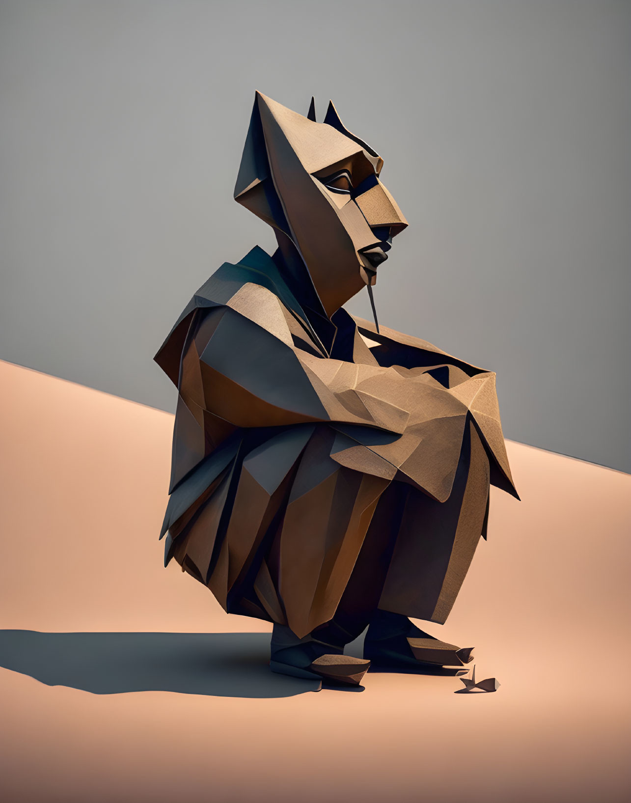 Brown angular planes create 3D seated figure in contemplation