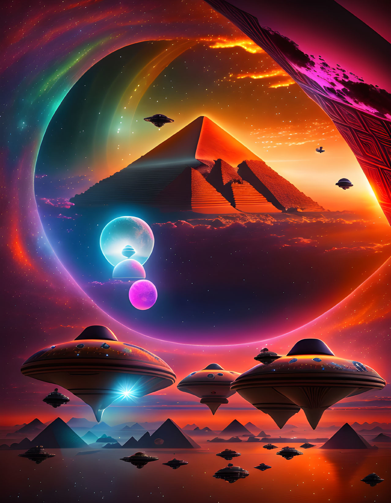 Futuristic landscape with pyramids, flying saucers, cosmic sky, aurora, and