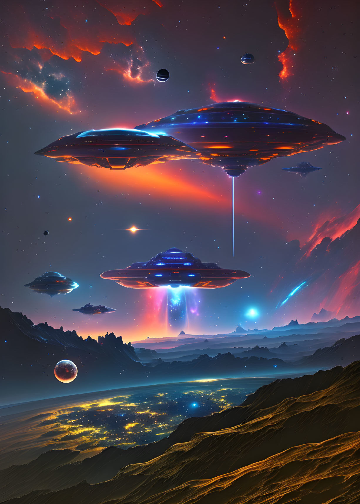 Alien landscape with UFOs in starry sky