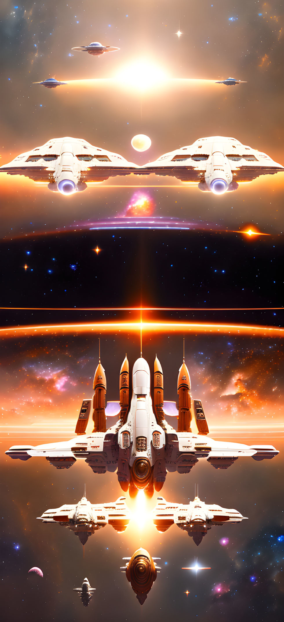 Mirrored space shuttle launch and futuristic spaceships in vibrant cosmic setting