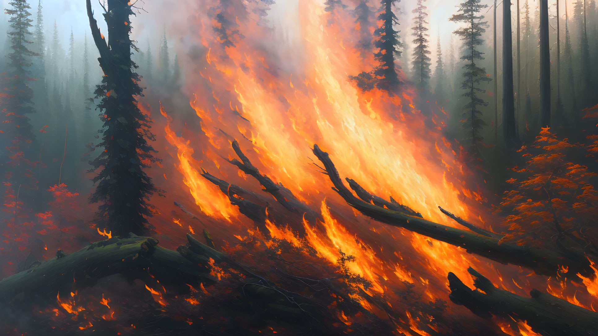 Intense forest fire with engulfed trees and fallen logs in smoky scene