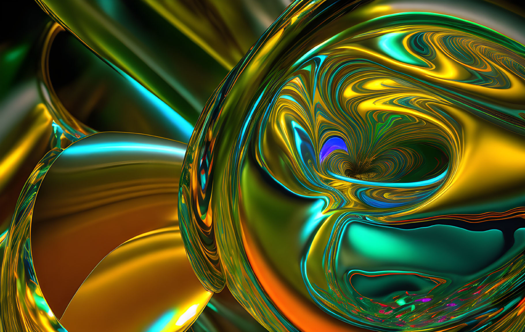 Swirling iridescent gold, green, and blue digital art patterns