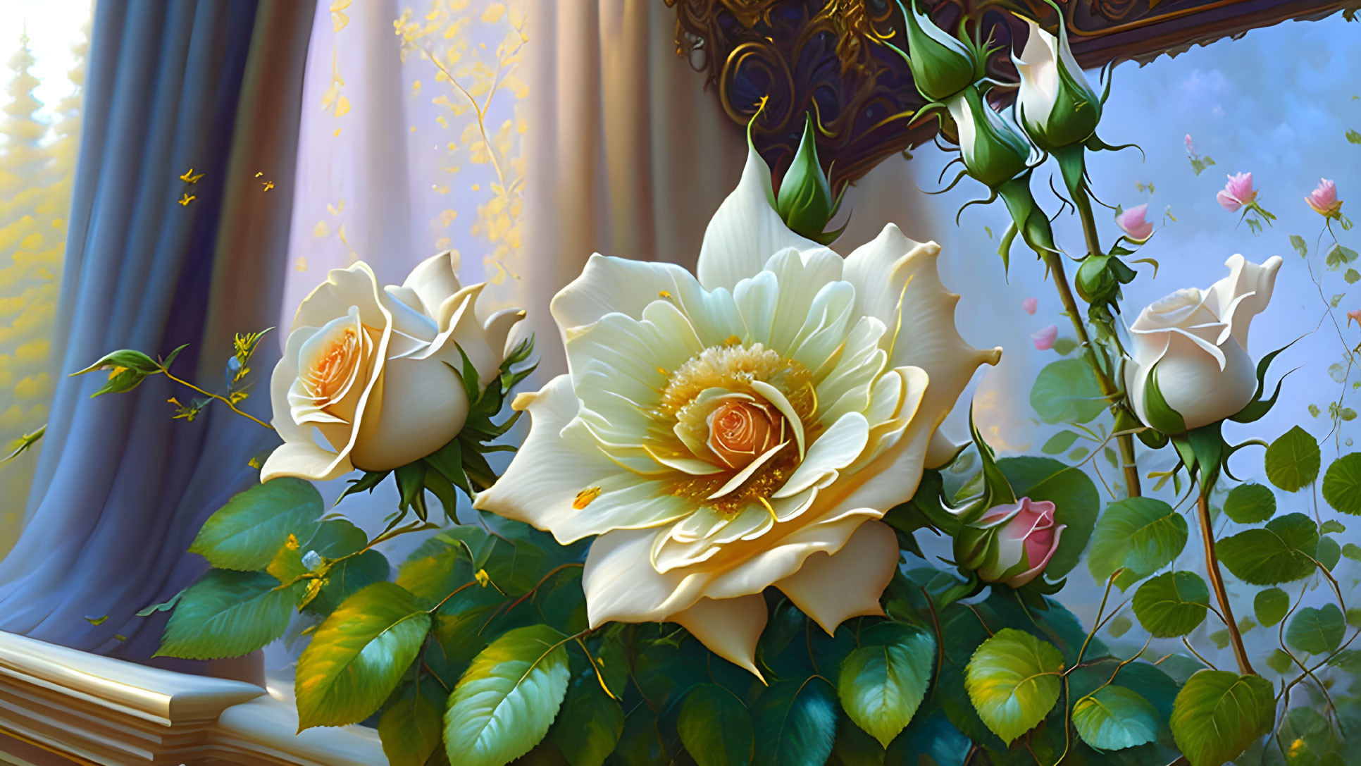 Detailed digital artwork of white roses with golden centers on blue drapery, set in a sunny forest