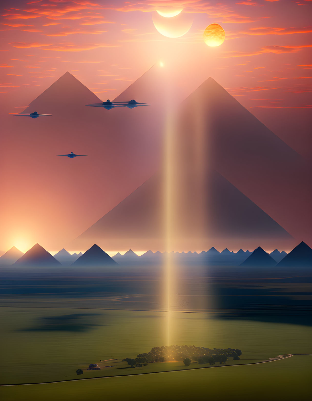 Surreal landscape with majestic pyramids, jets, and golden sunset sky