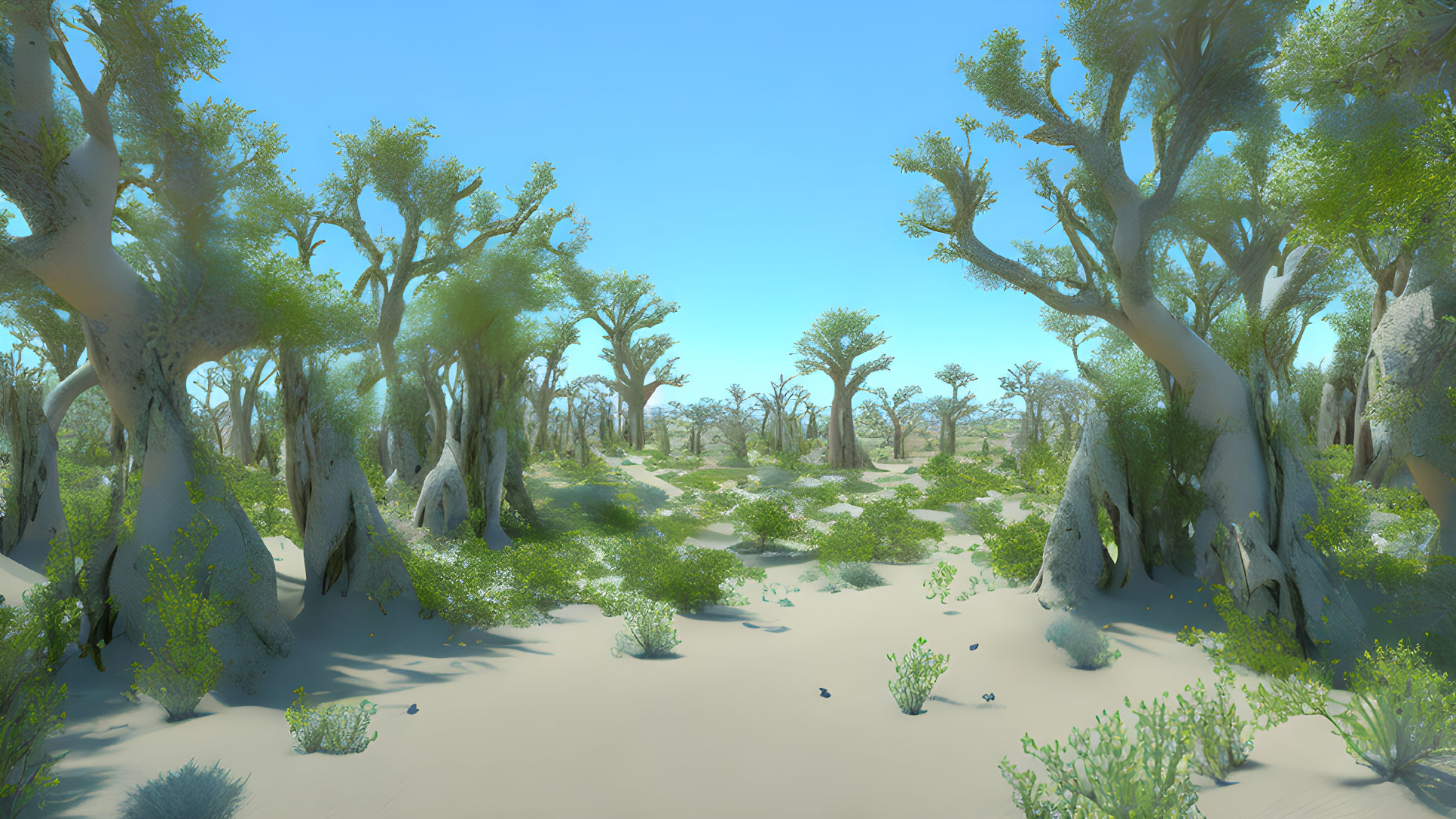 Scenic desert landscape with baobab trees under clear blue sky