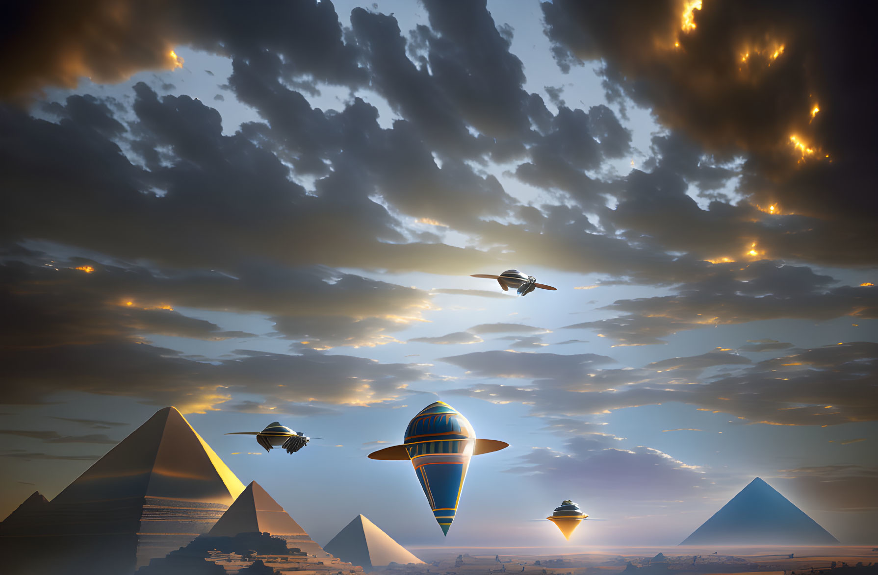 Futuristic spaceships near pyramids under dramatic golden sky