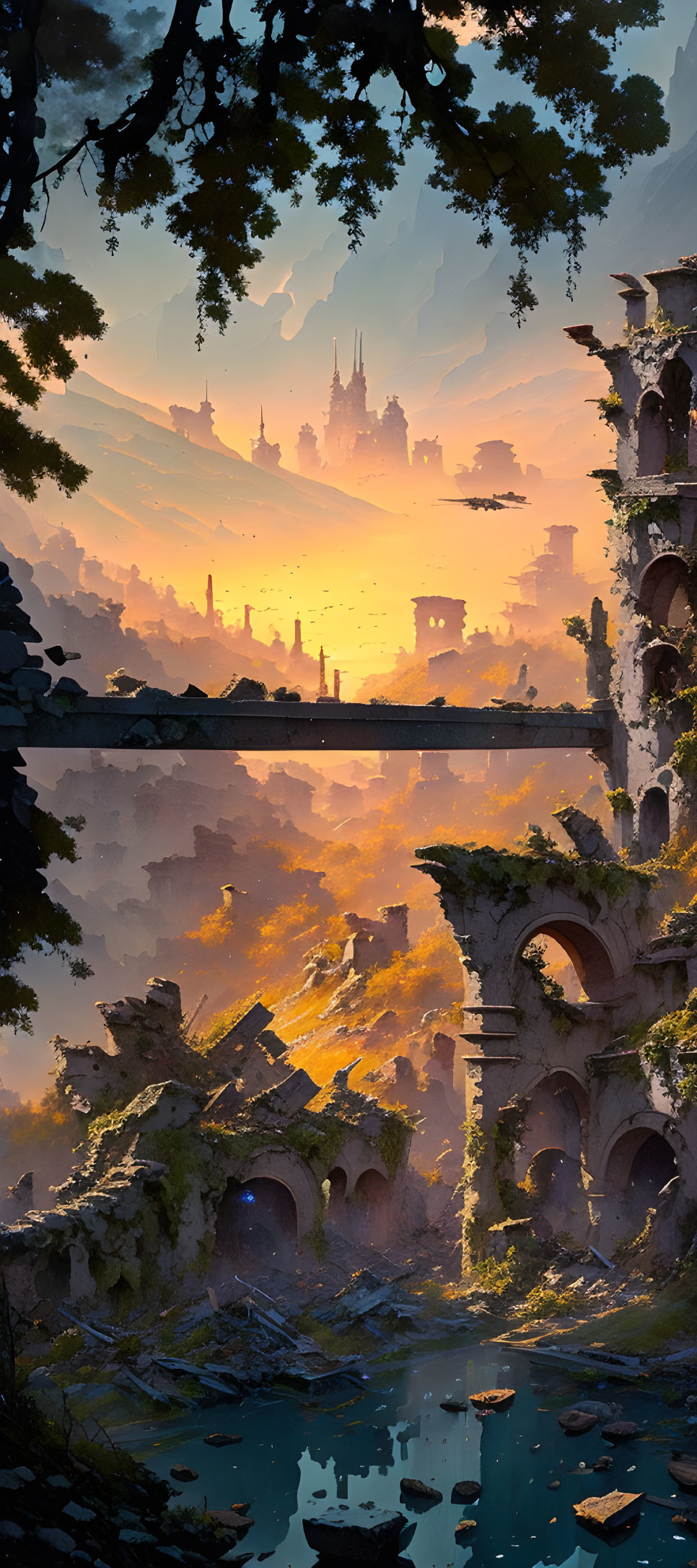 Fantasy landscape with ivy ruins, water, and castle at sunset