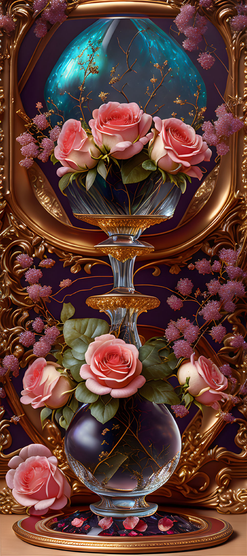 Baroque-style decorative piece with pink roses in glass vase on dark celestial background