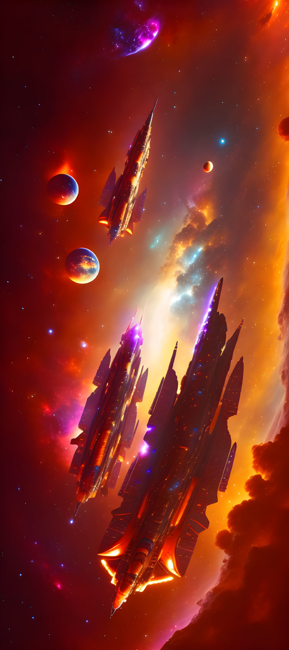 Multiple sleek spaceships in fiery nebula with planets.