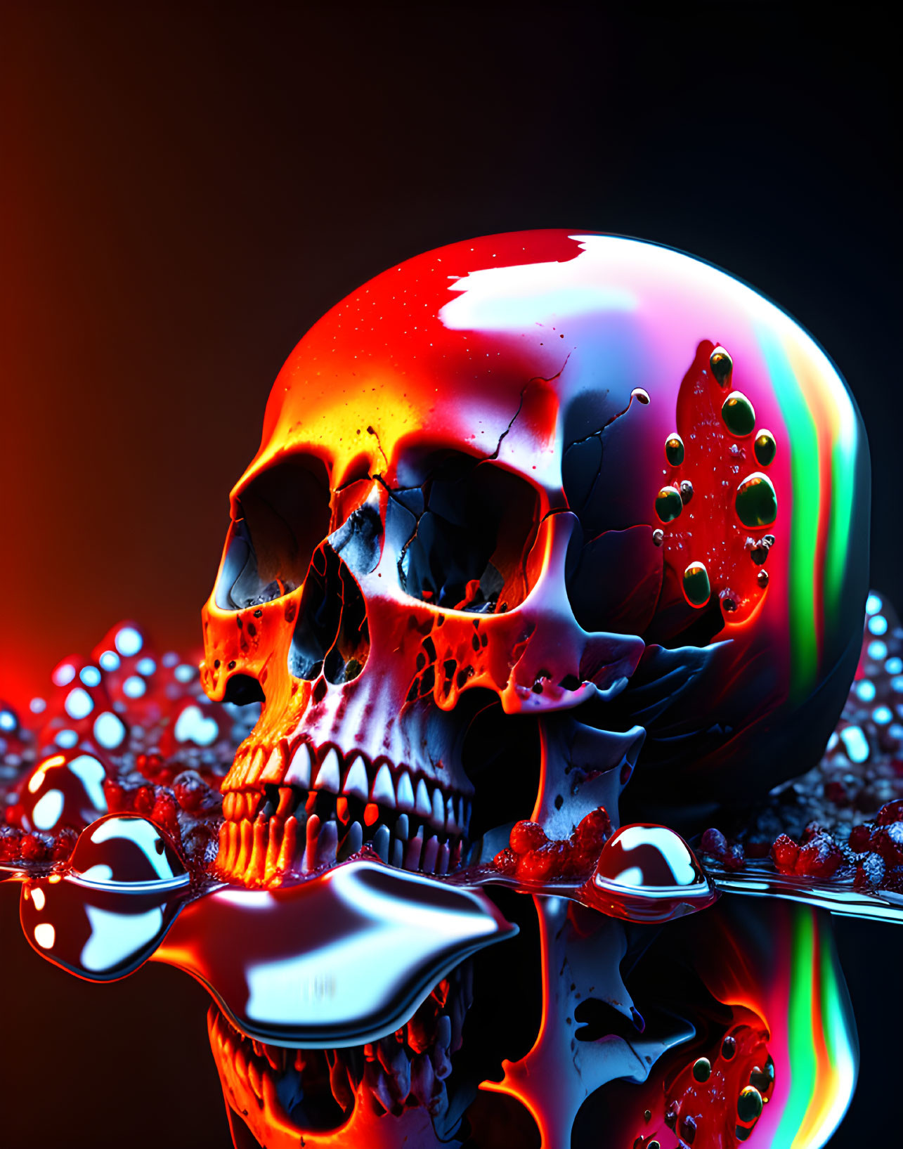 Multicolored glossy skull with melting look on dark background