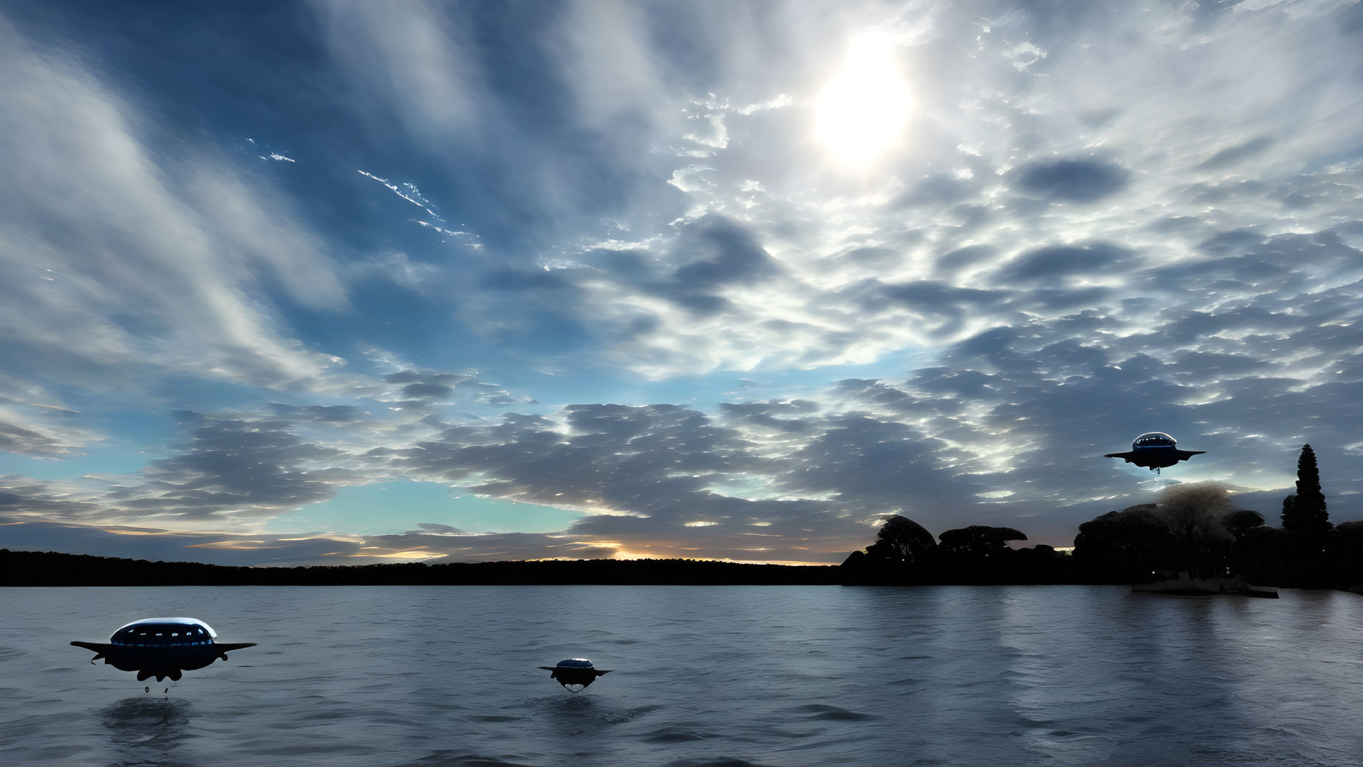 Tranquil lakeside sunset with UFOs hovering above