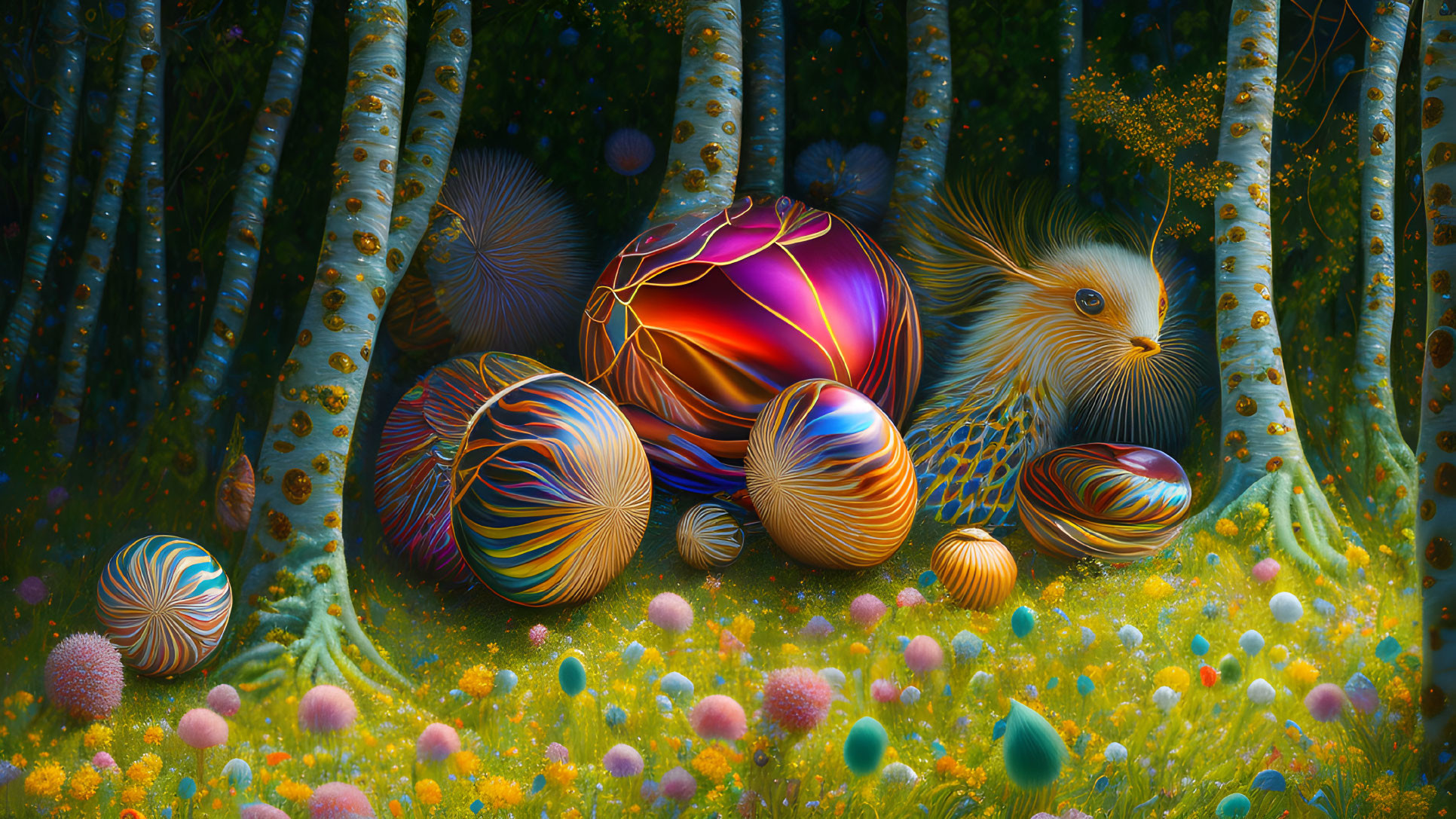 Colorful Easter Eggs in Whimsical Forest with Pastel Flora and Furry Creatures