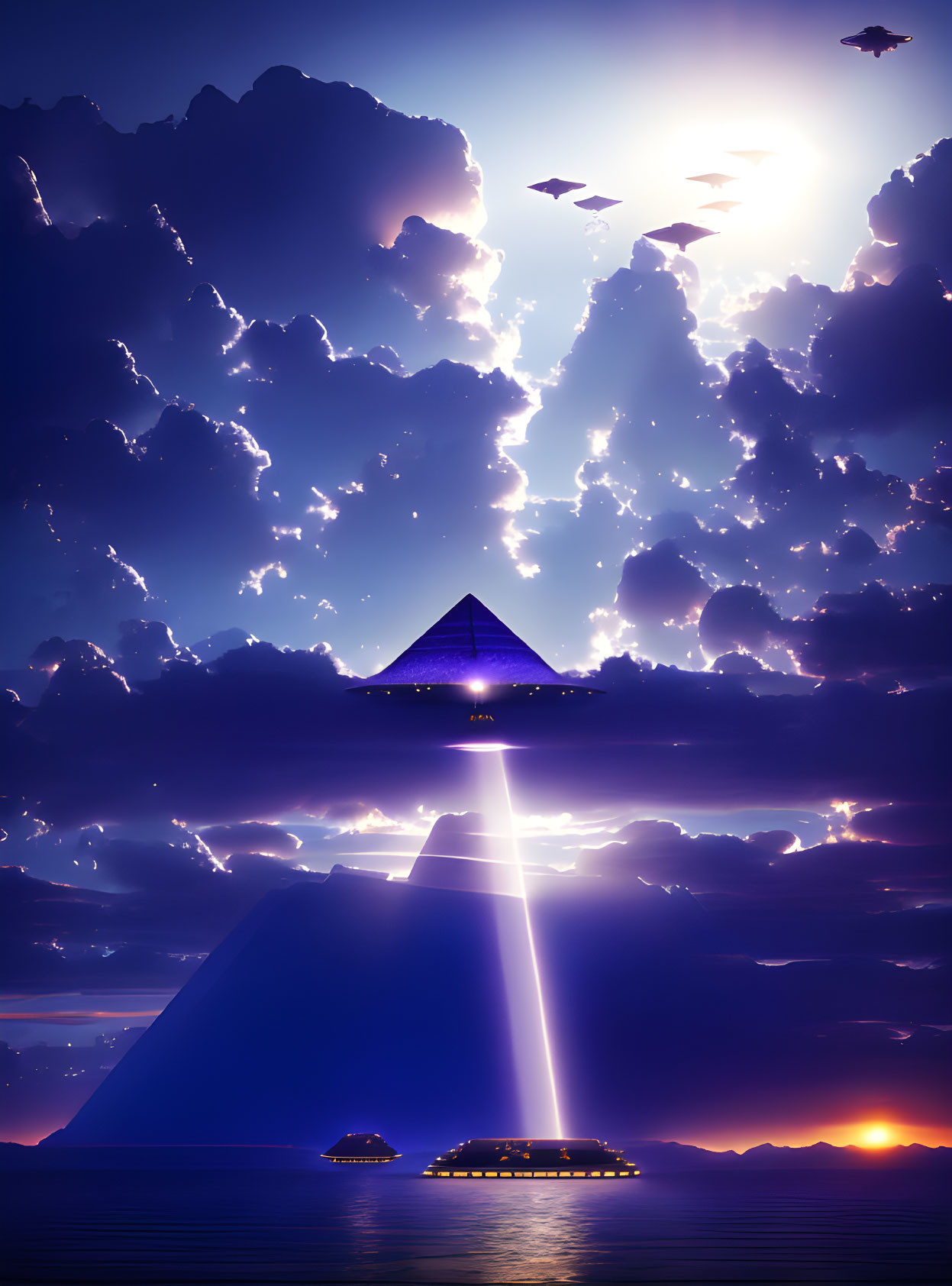 Surreal pyramid emitting light under purple sky with flying silhouettes