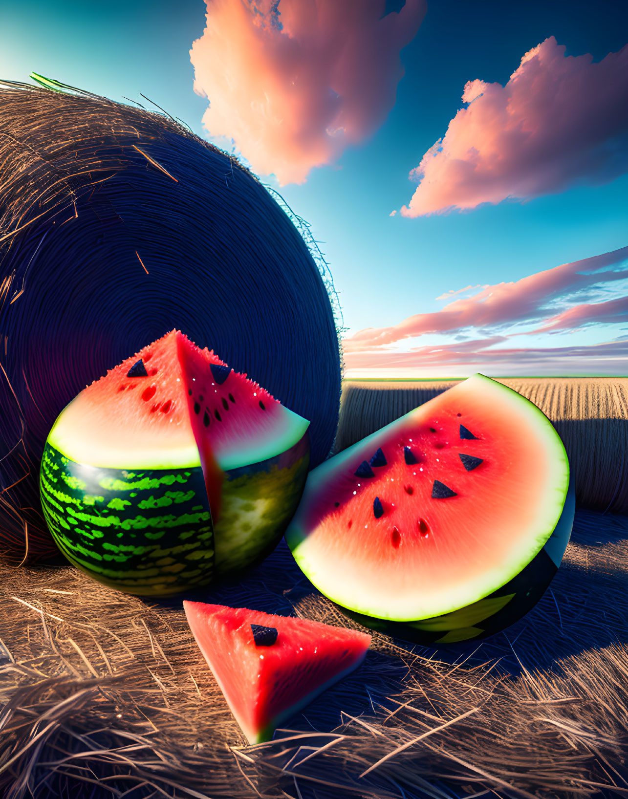 Fresh watermelon slices on hay bale against farmland and blue sky