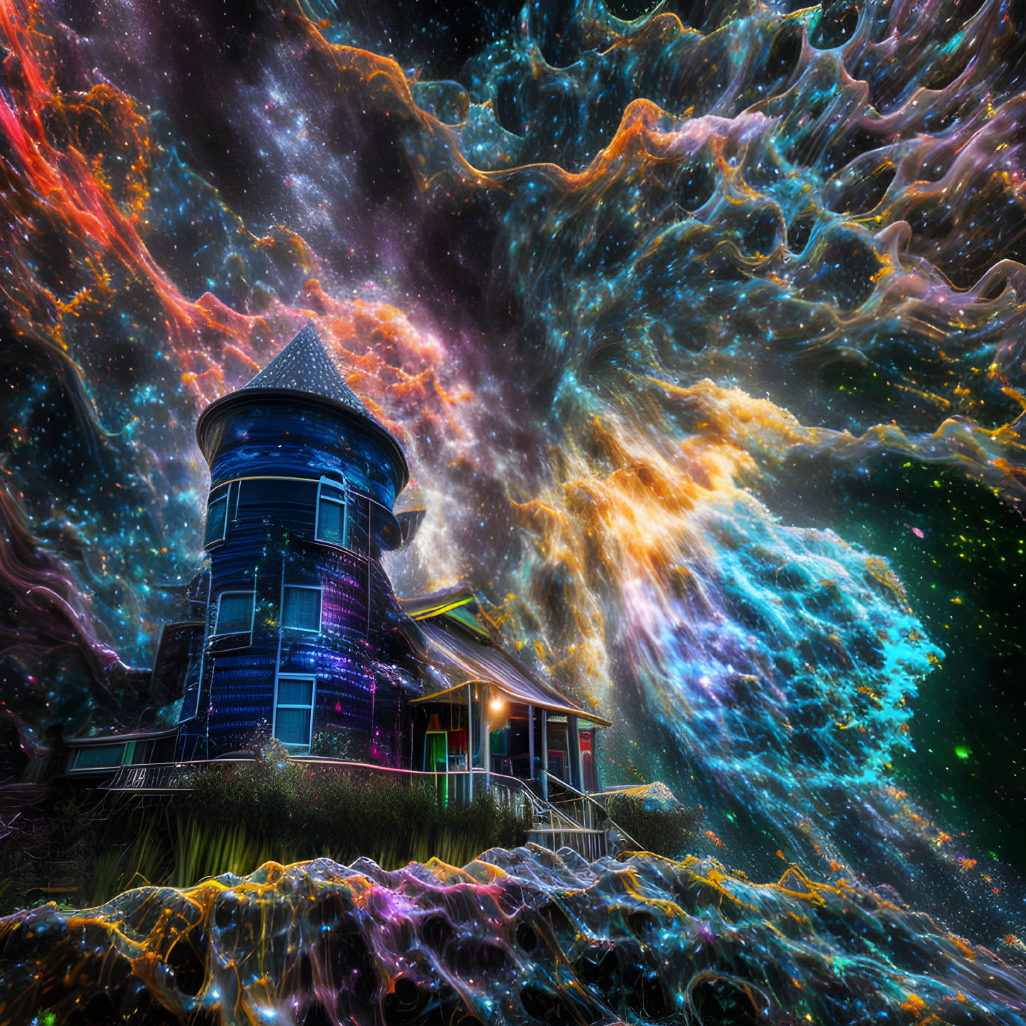 Colorful digital artwork of a house with a towering turret under a swirling cosmic sky.