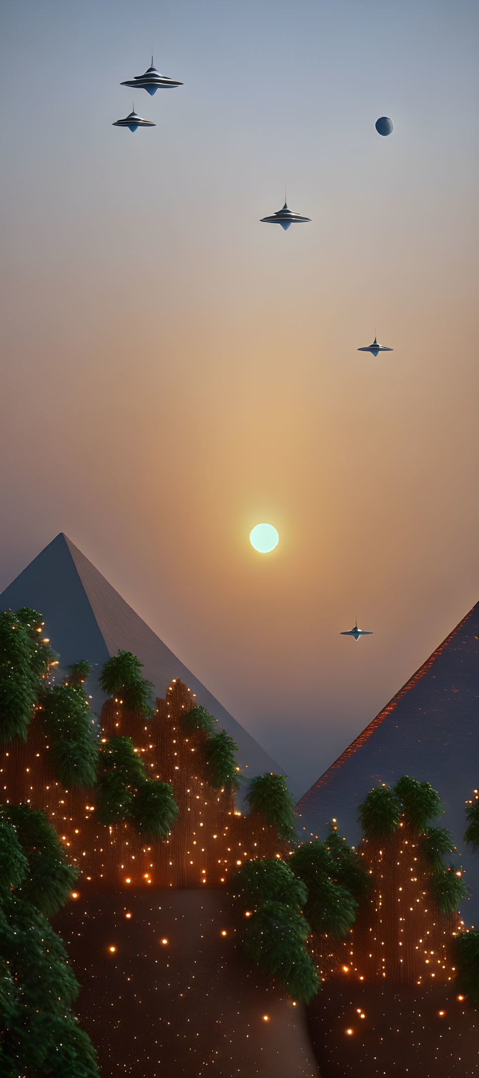 Ancient pyramids at sunset with flying saucers and illuminated surroundings