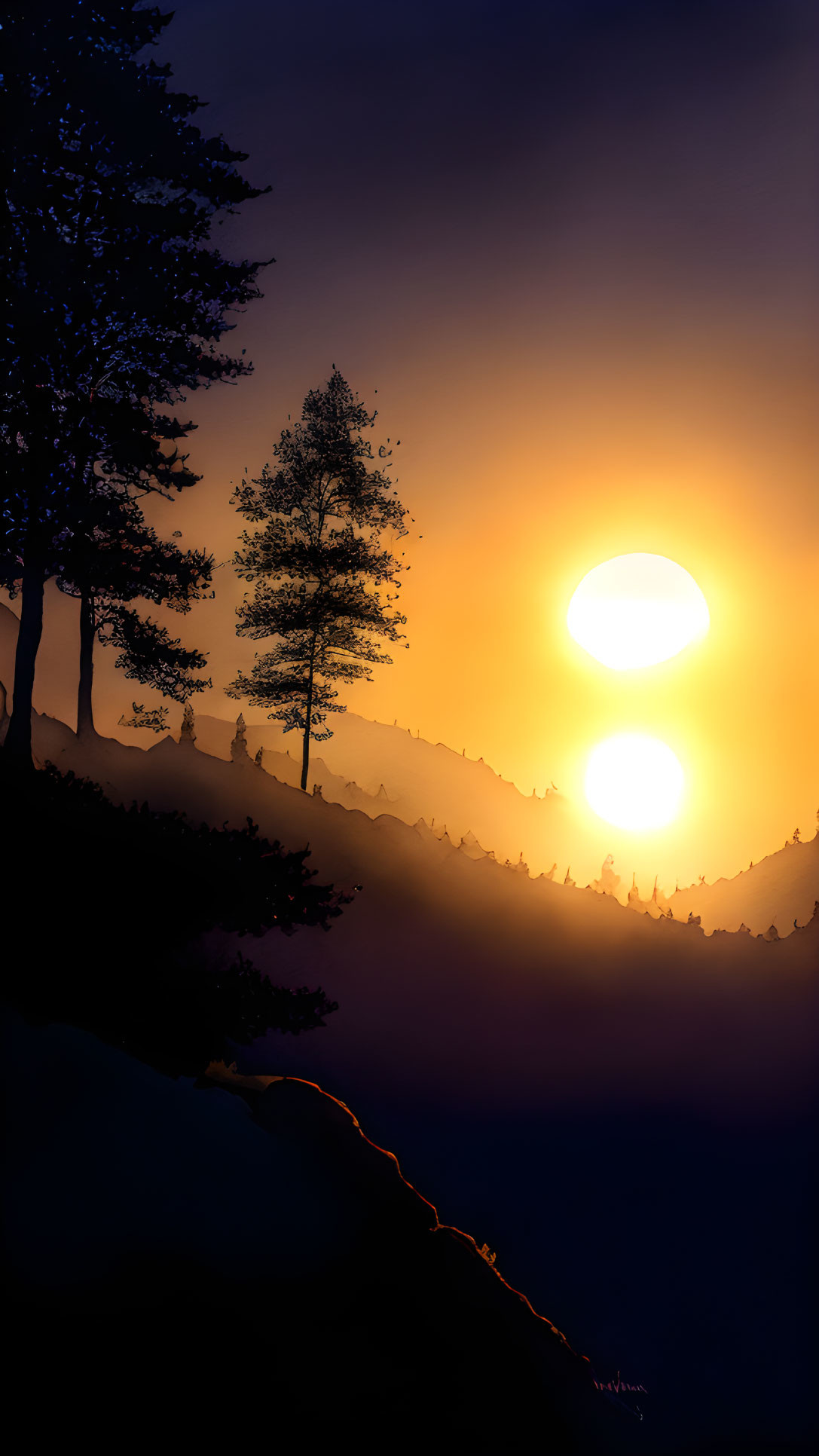 Digital artwork: Sunset with double sun illusion over tree silhouette