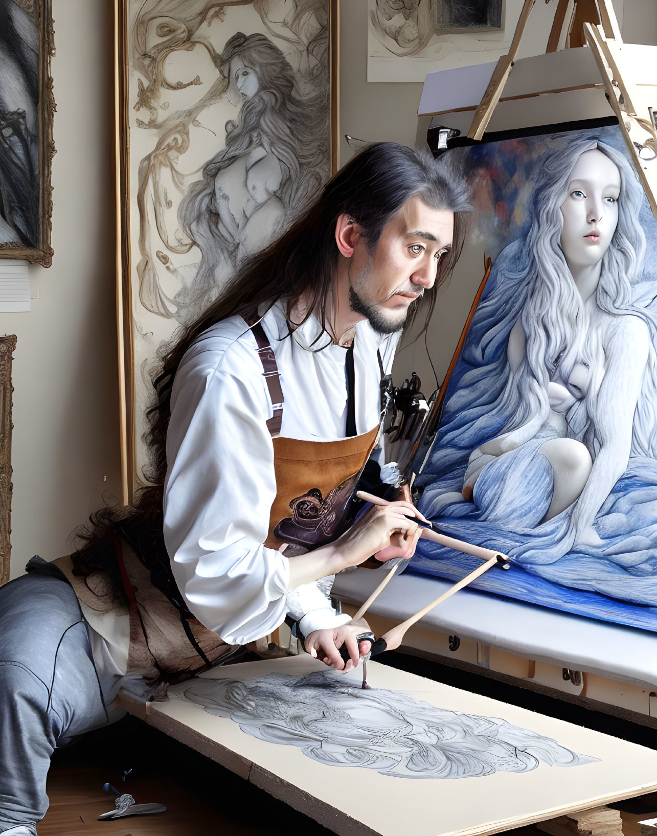 Long-haired artist painting woman with flowing hair in studio setting.