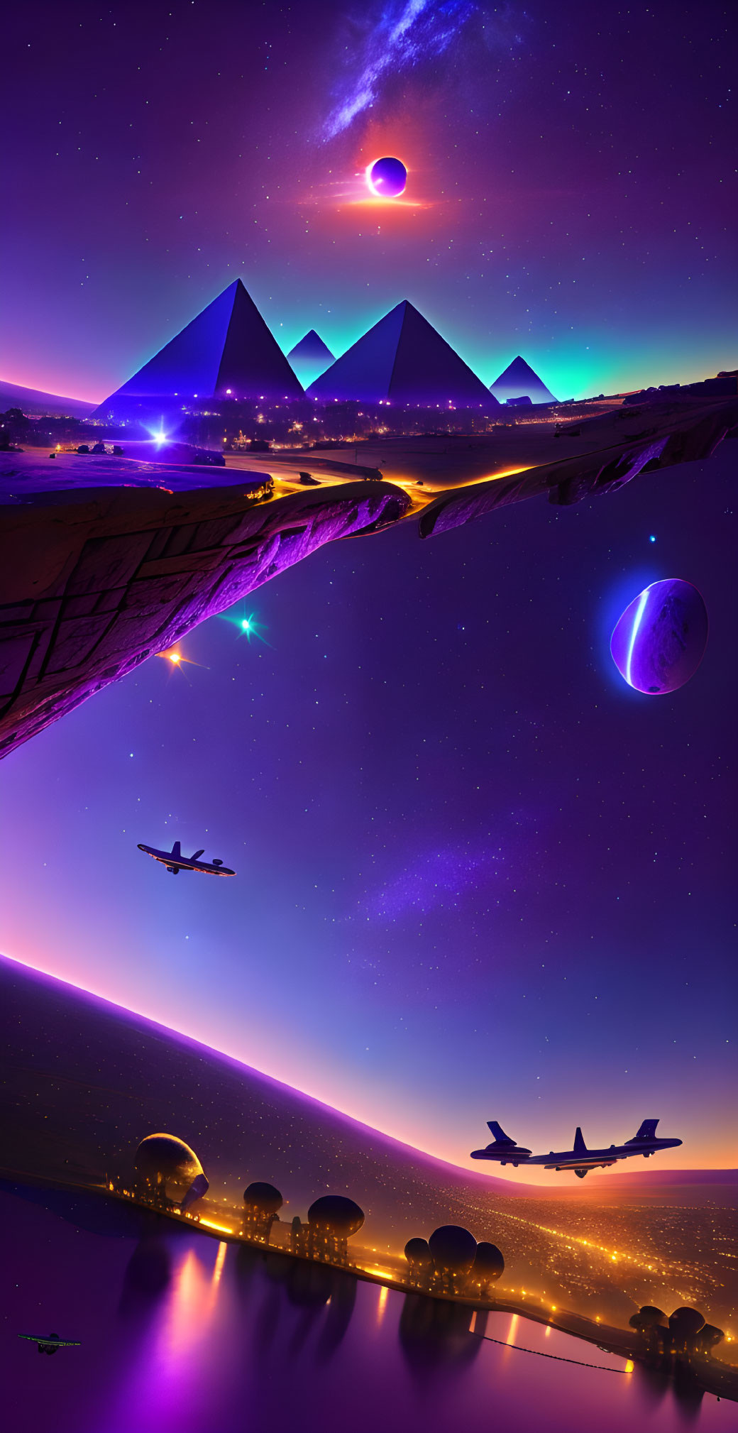 Futuristic Egyptian Pyramids Under Starry Sky with Celestial Bodies and Cityscape