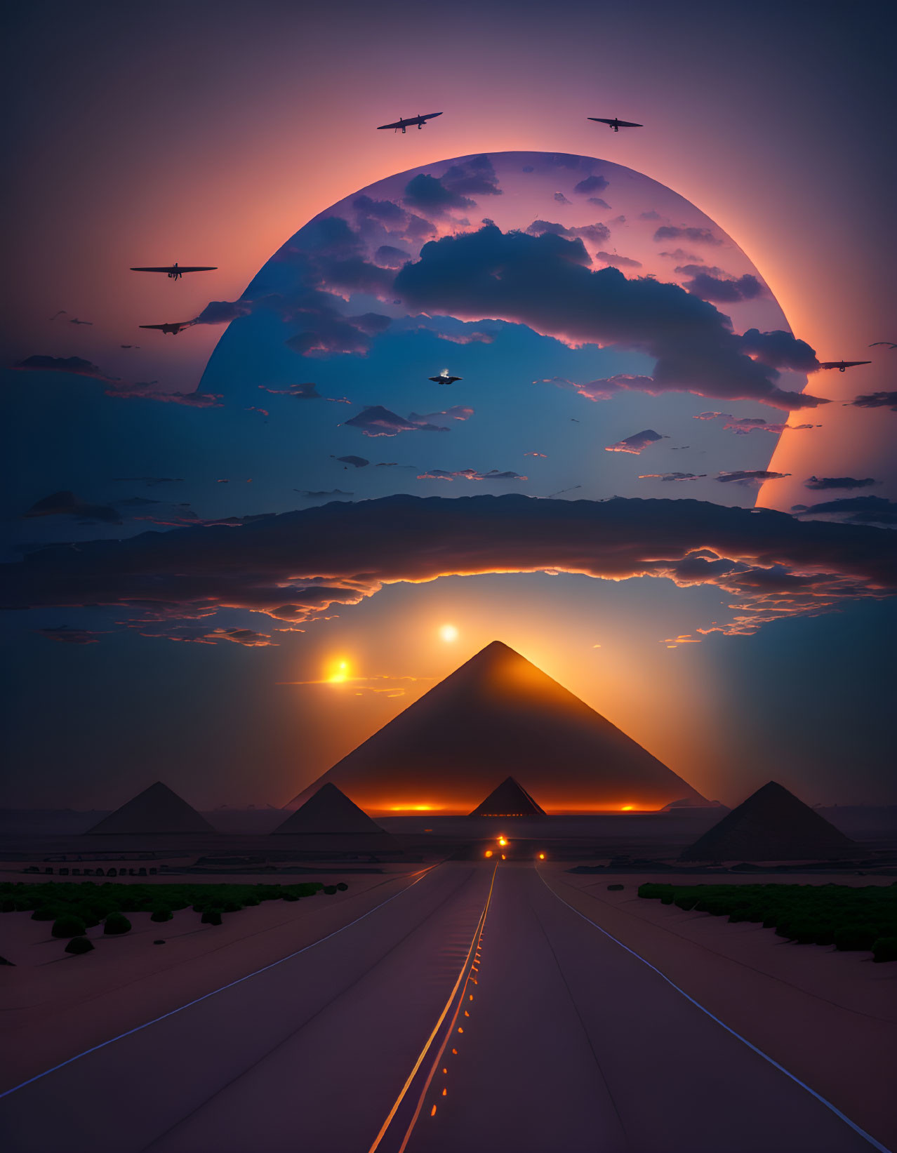 Surreal scene: oversized moon, pyramids, airplanes, road, illuminated horizon