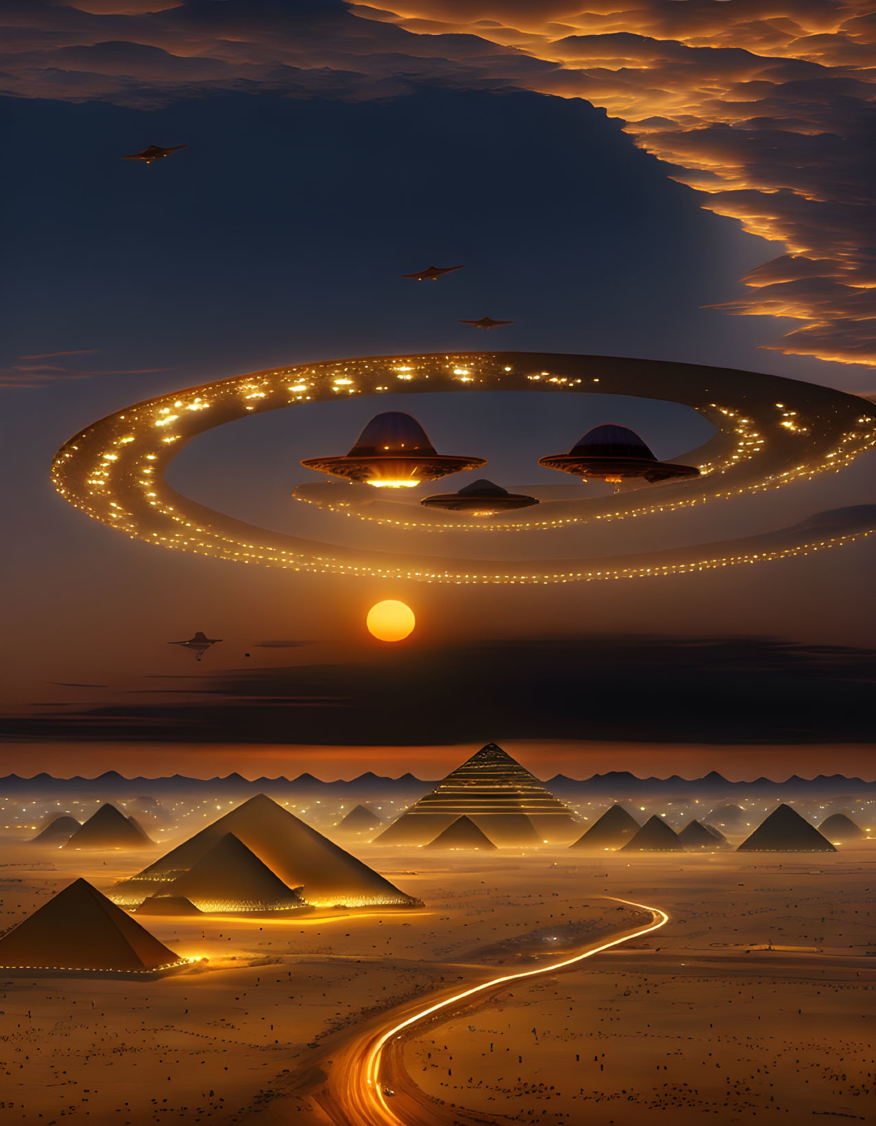 Surreal desert sunset with pyramids, winding road, and UFOs