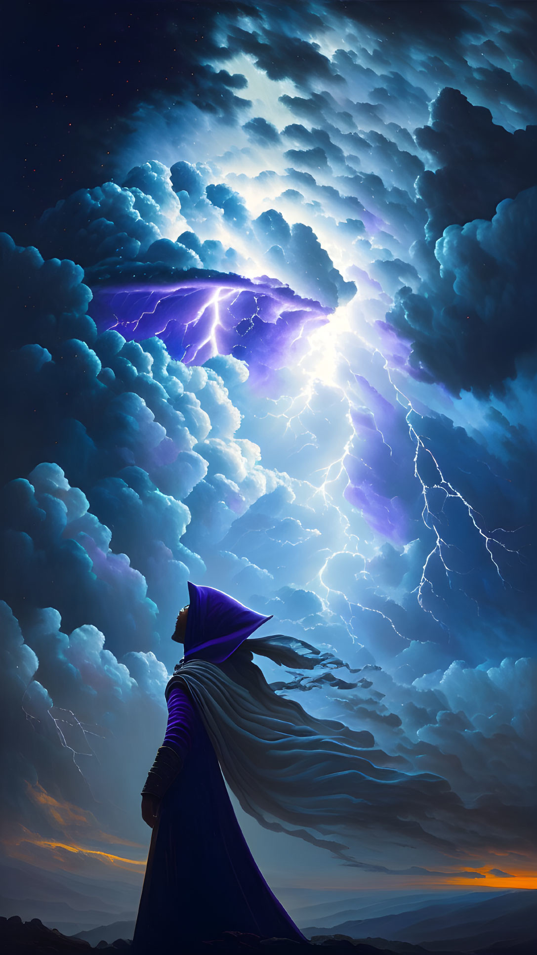 Mysterious cloaked figure under dramatic sky with lightning bolts