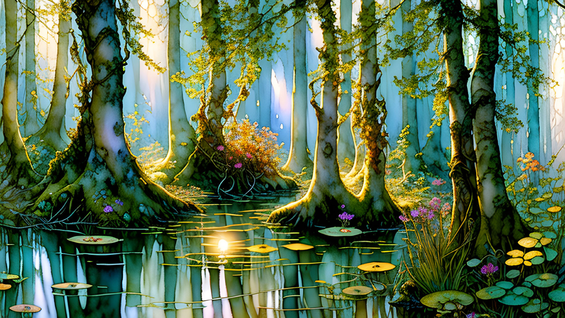 Sunlit forest with vibrant flowers and tranquil water scene.