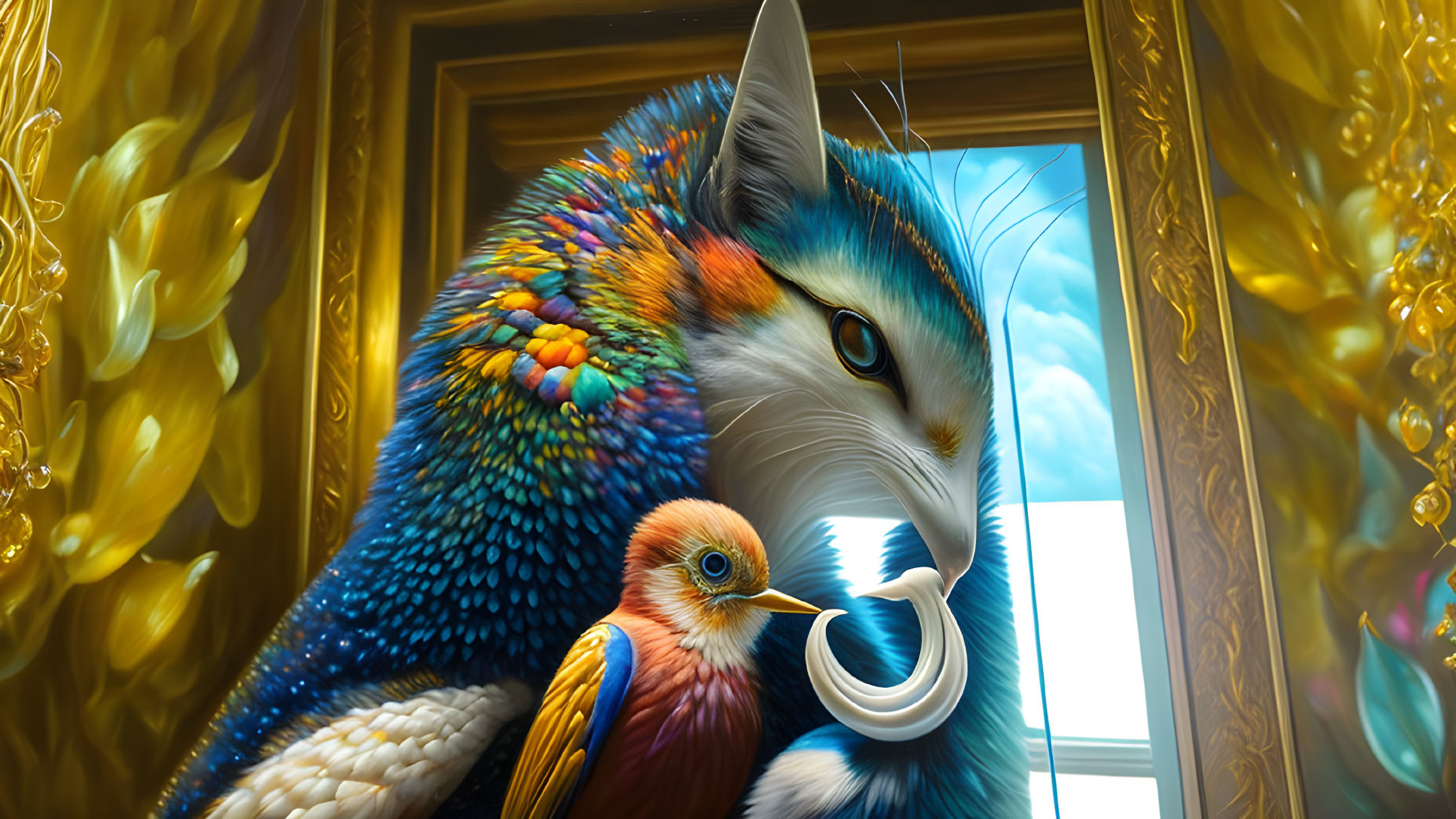 Colorful mythical fox-like creature with long white mustache and bird in ornate window