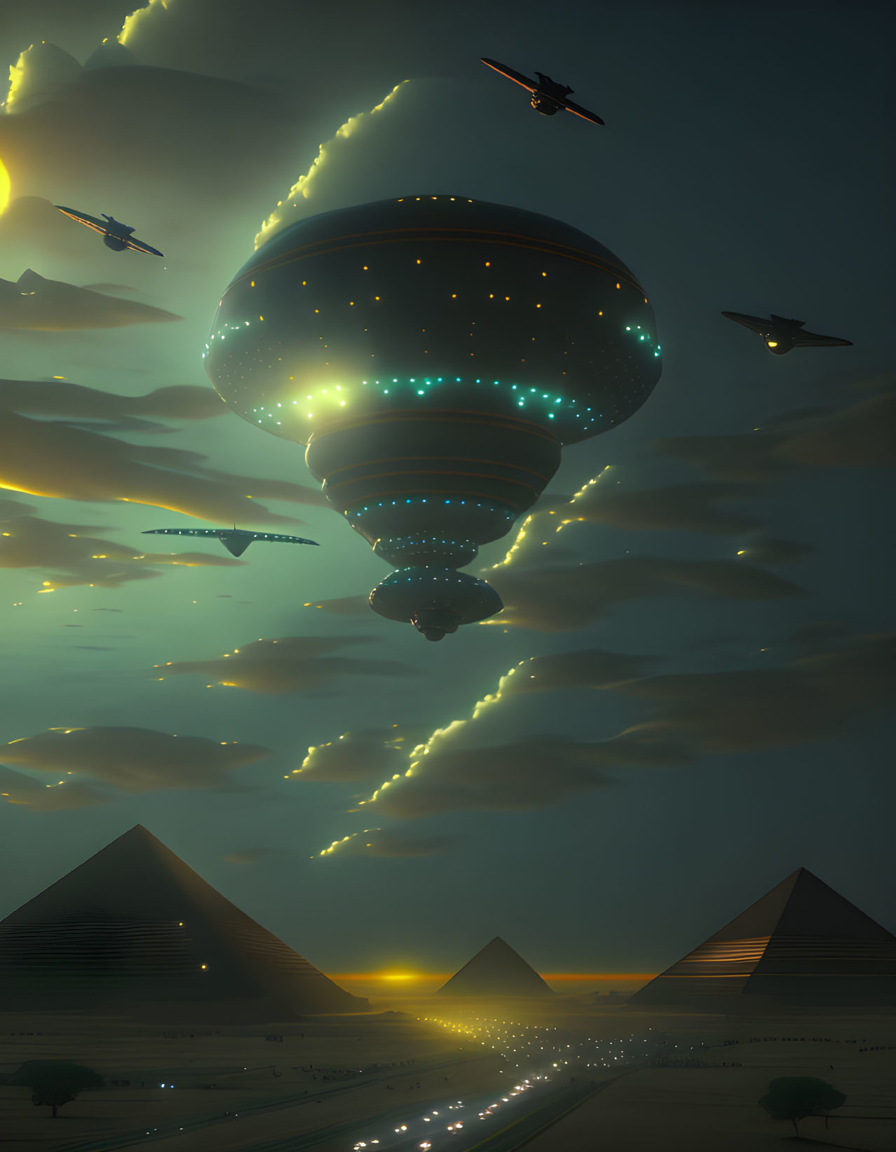 Enormous glowing spacecraft over Egyptian pyramids at dusk