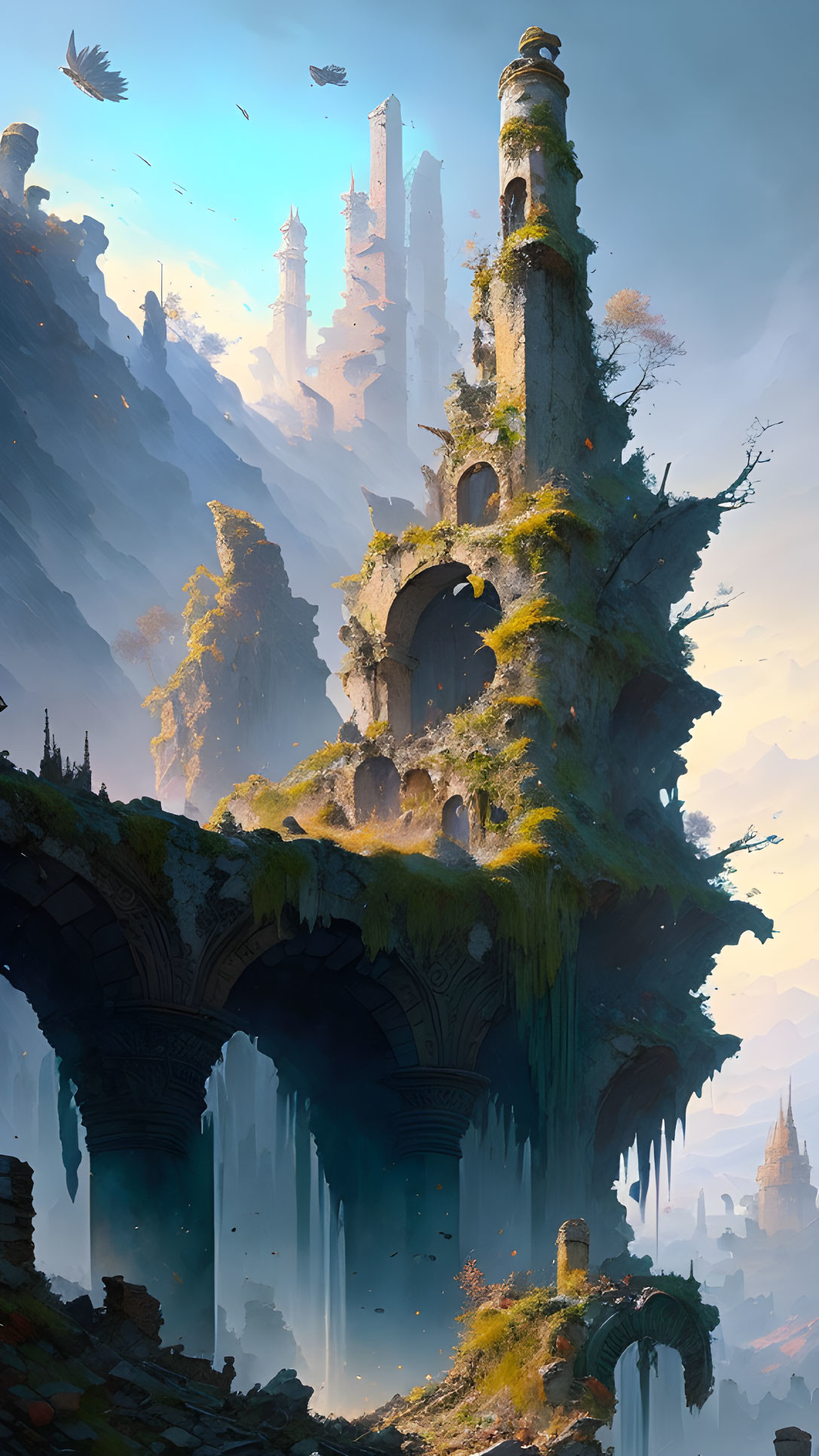 Majestic fantasy landscape with towering spires and waterfalls