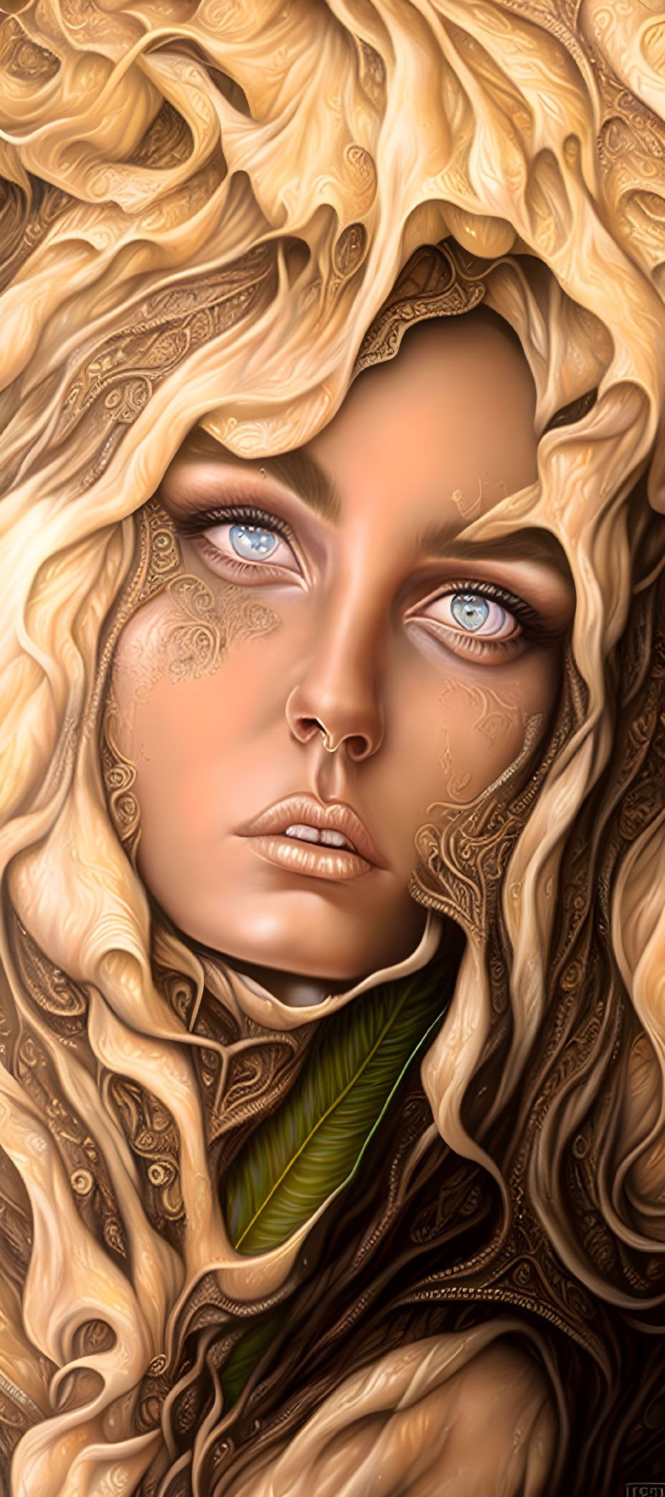 Digital illustration of woman with golden skin patterns and leaf-like hair designs